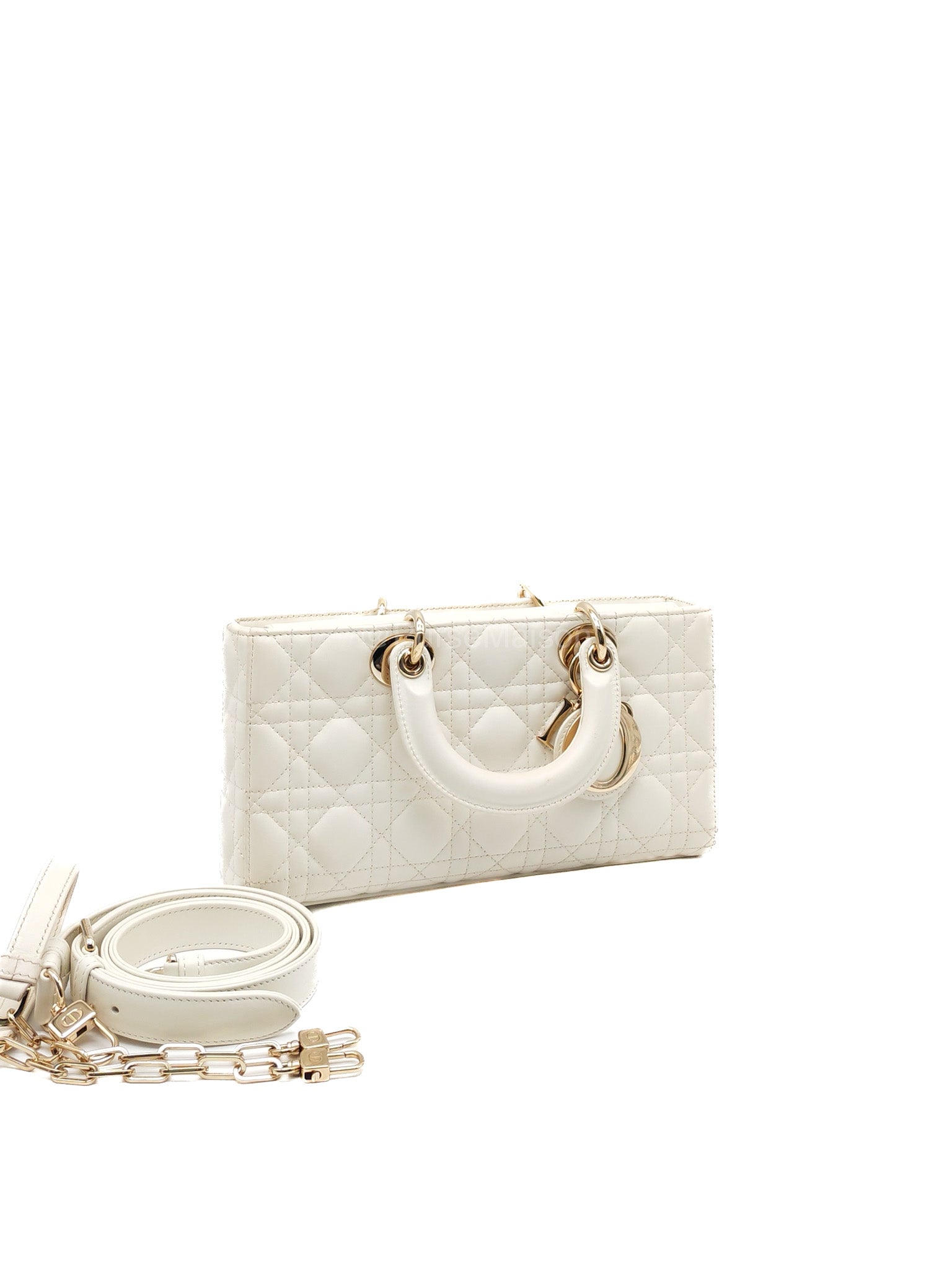 Christian Dior Lady D-Joy Medium in White Cannage Lambskin Leather Light Gold Hardware