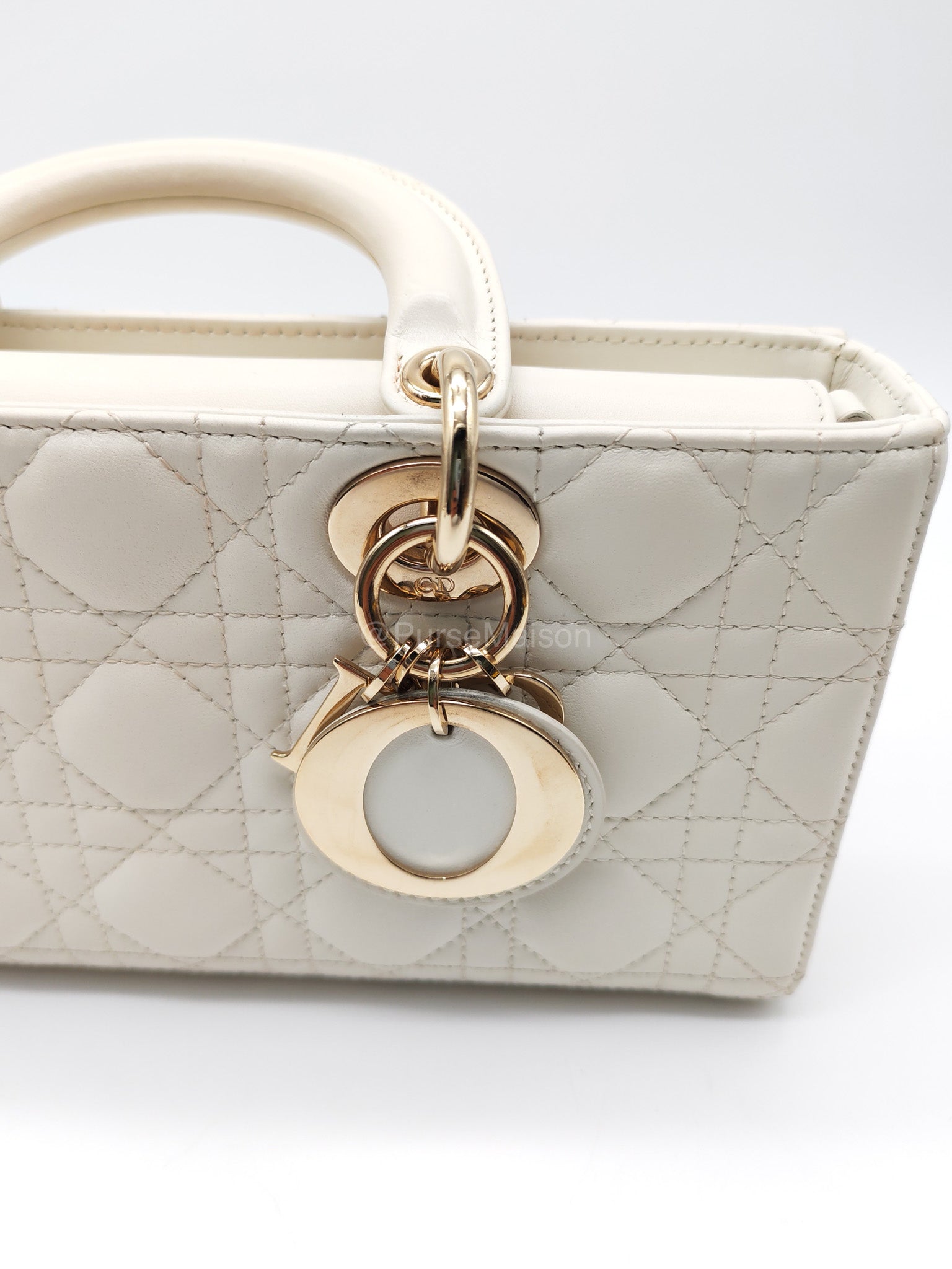 Christian Dior Lady D-Joy Medium in White Cannage Lambskin Leather Light Gold Hardware
