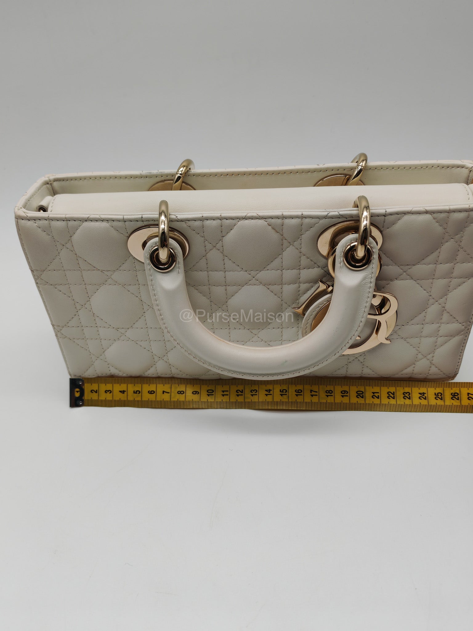 Christian Dior Lady D-Joy Medium in White Cannage Lambskin Leather Light Gold Hardware