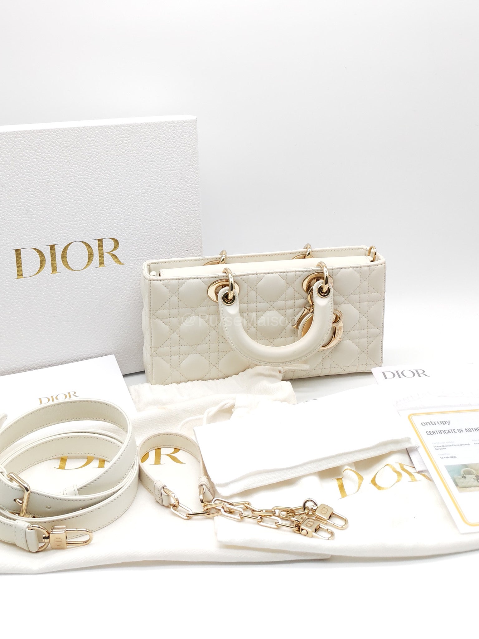 Christian Dior Lady D-Joy Medium in White Cannage Lambskin Leather Light Gold Hardware
