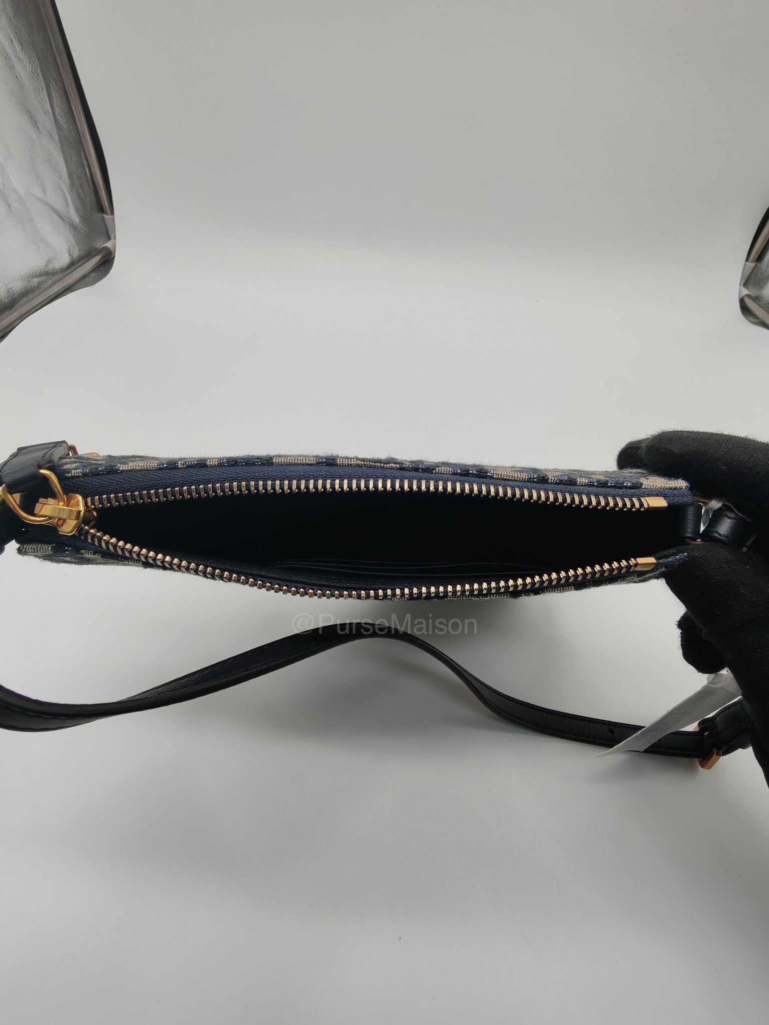 Christian Dior Saddle Rodeo Pouch in Blue Dior Oblique Jacquard Canvas and Aged Gold Hardware