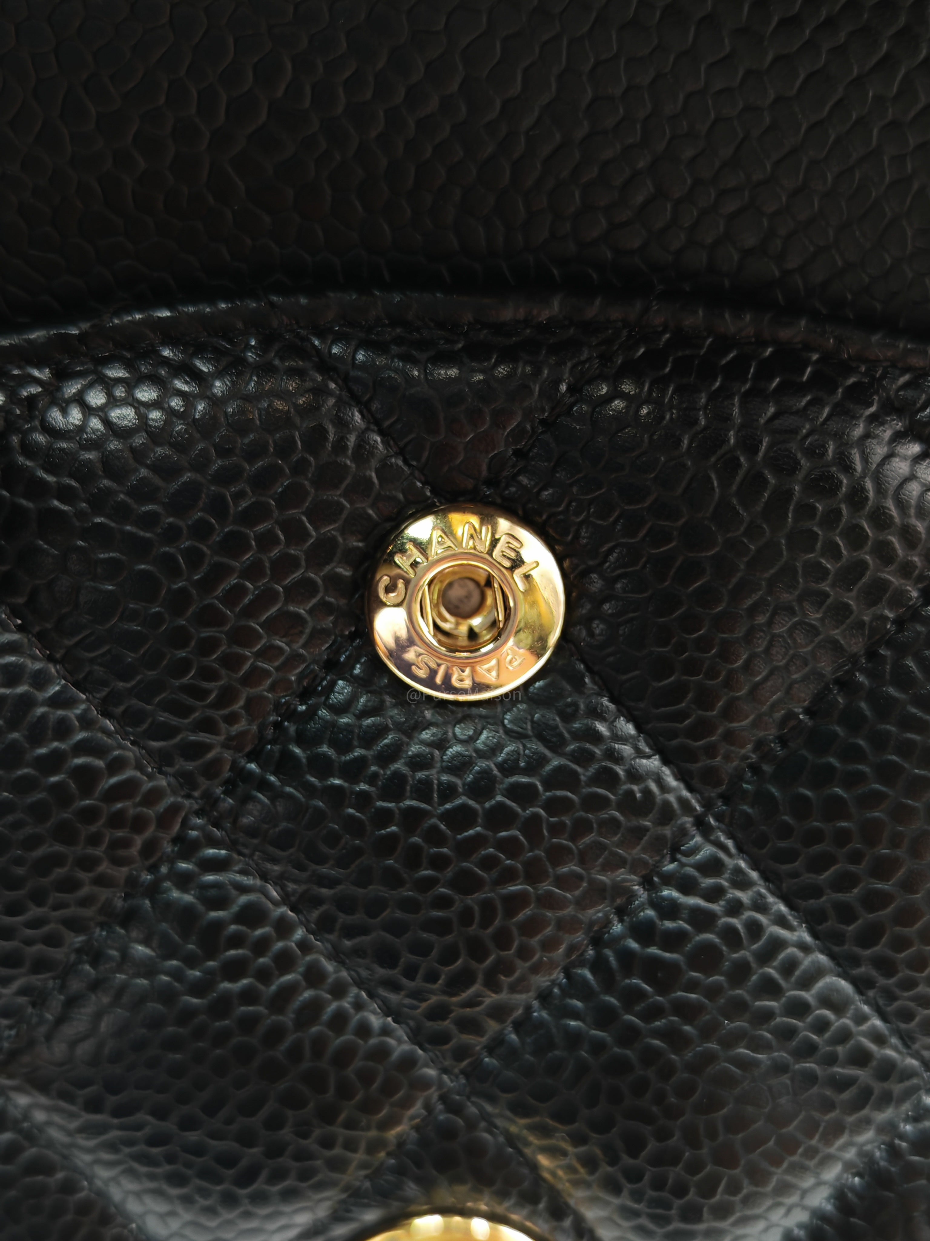Chanel Classic Double Flap Bag Medium in Black Quilted Caviar Leather & Gold Hardware Microchip