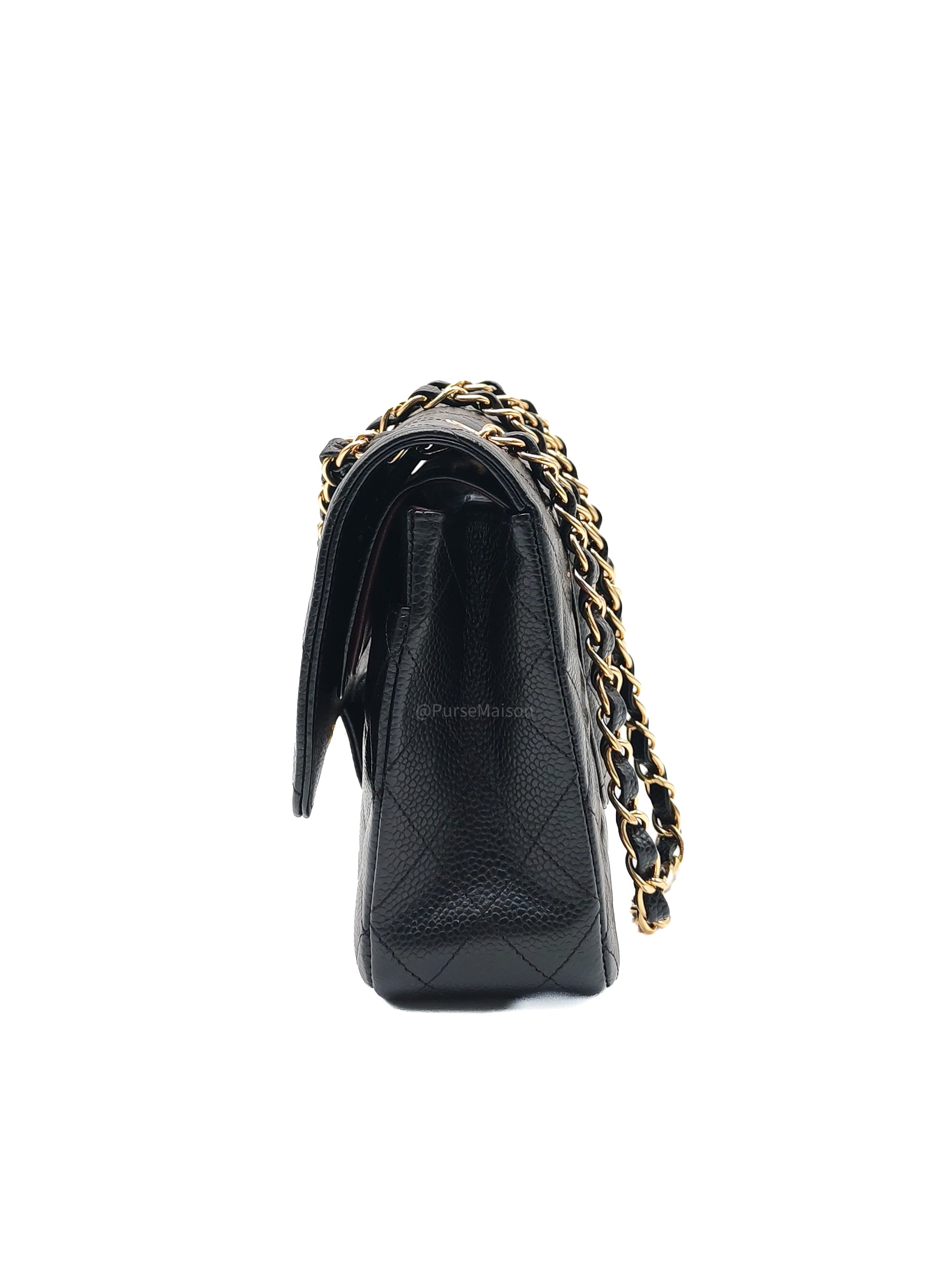 Chanel Classic Double Flap Bag Medium in Black Quilted Caviar Leather & Gold Hardware Microchip