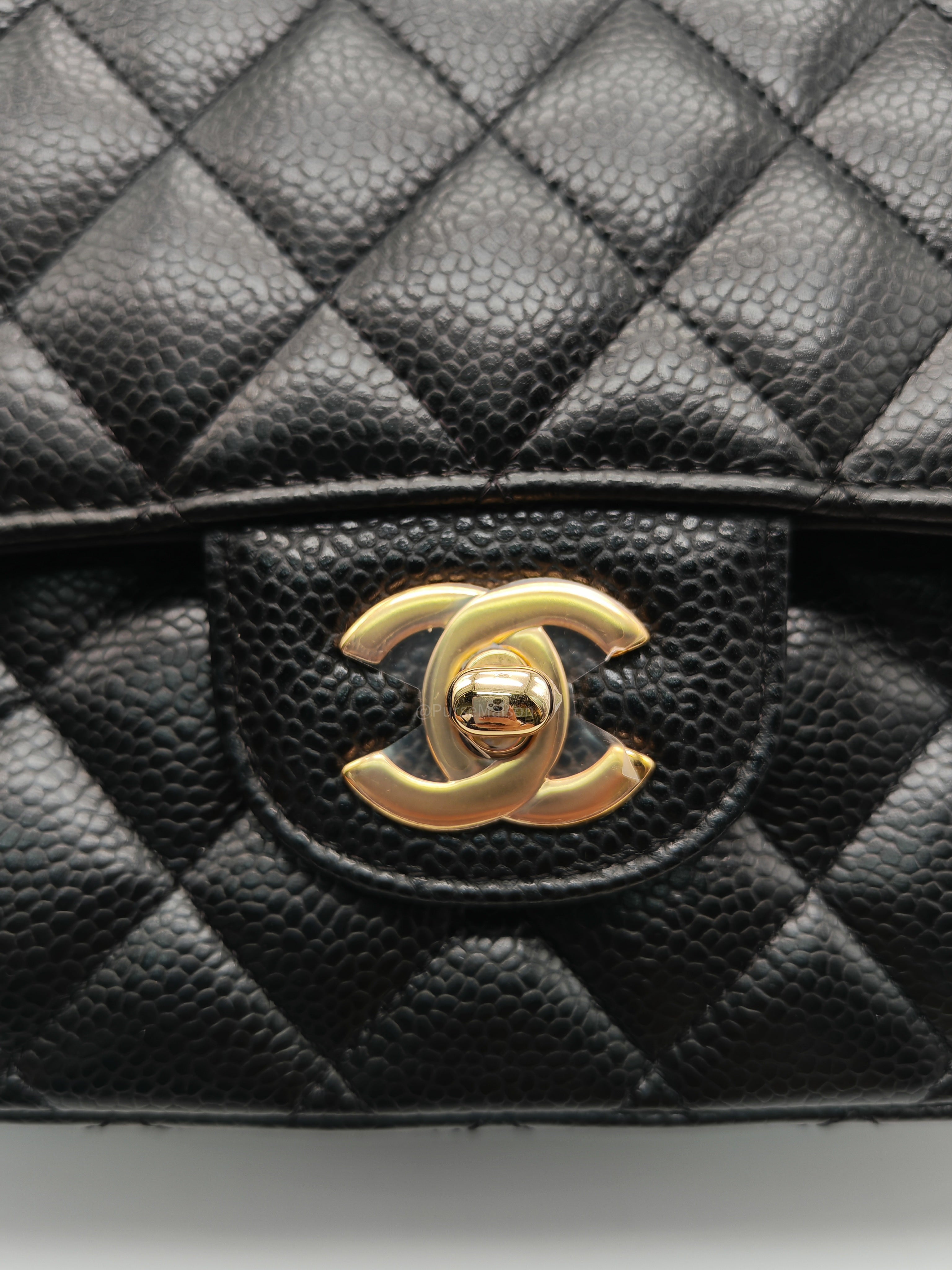 Chanel Classic Double Flap Bag Medium in Black Quilted Caviar Leather & Gold Hardware Microchip