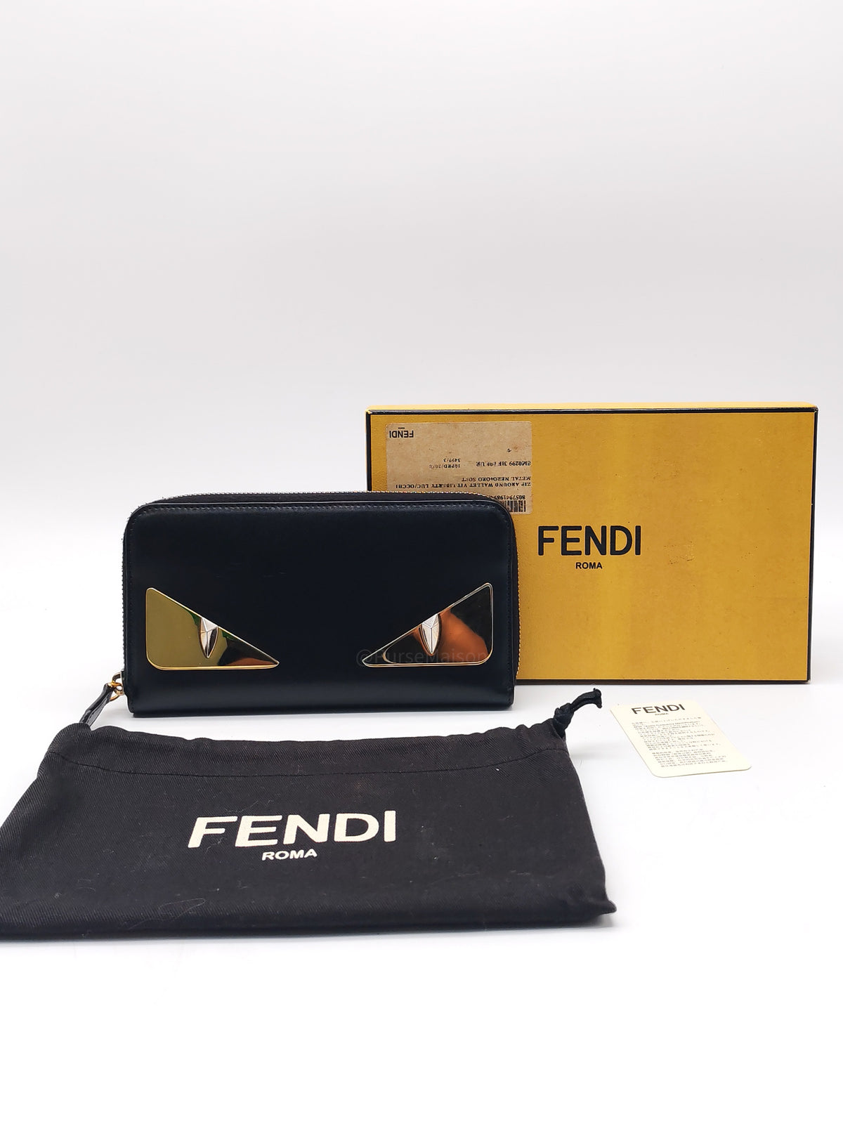 Fendi Bag Bugs Monster Eyes Zip-Around Wallet in Black Calfskin Leather and Gold Hardware