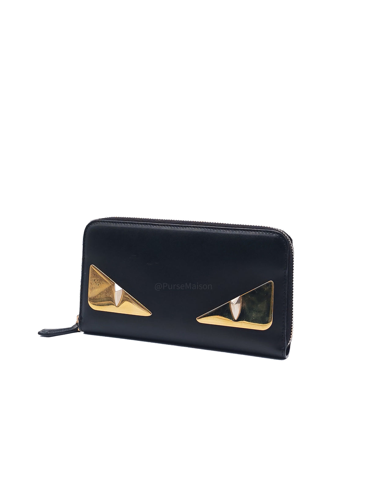 Fendi Bag Bugs Monster Eyes Zip-Around Wallet in Black Calfskin Leather and Gold Hardware