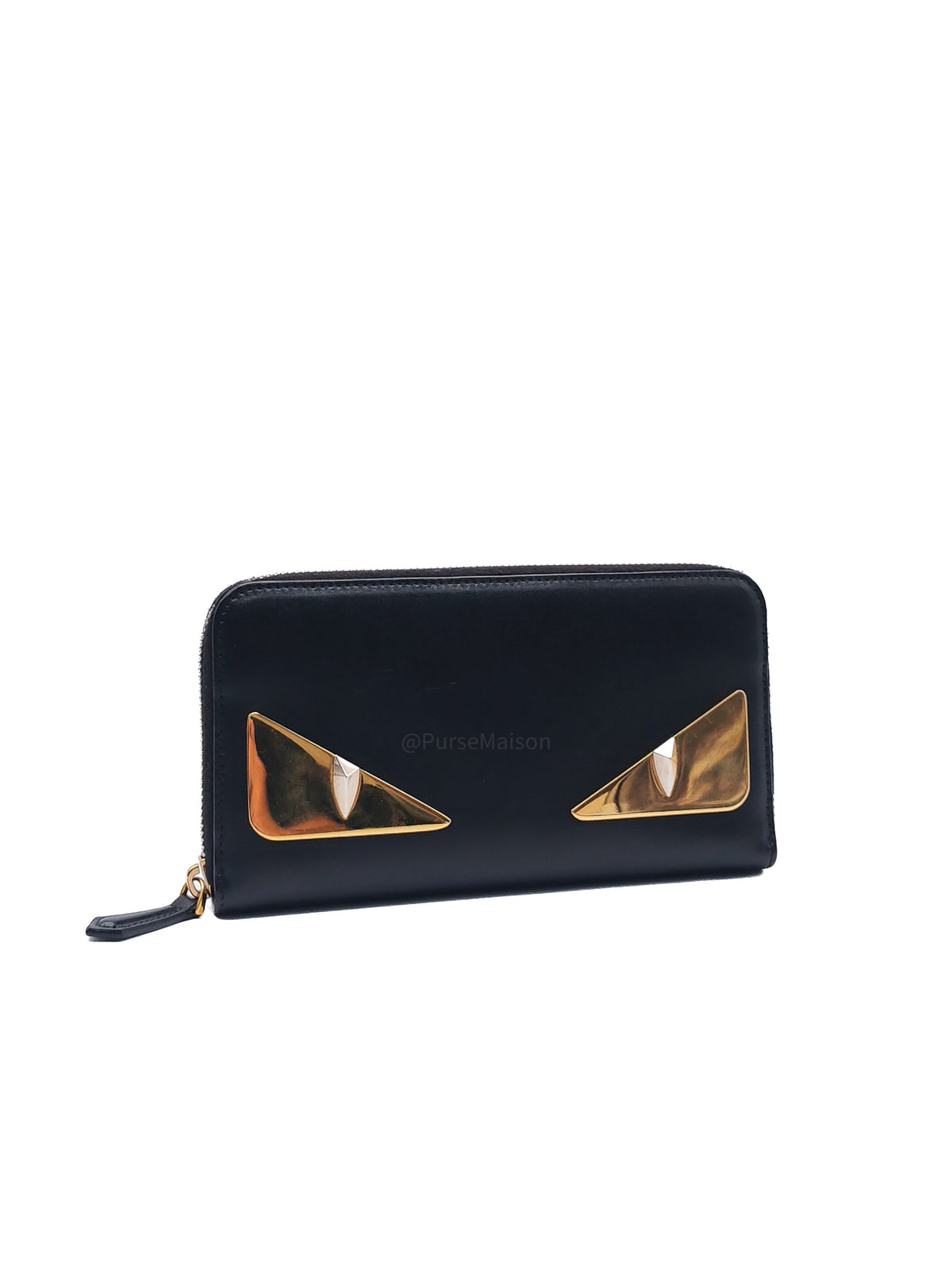 Fendi Bag Bugs Monster Eyes Zip-Around Wallet in Black Calfskin Leather and Gold Hardware