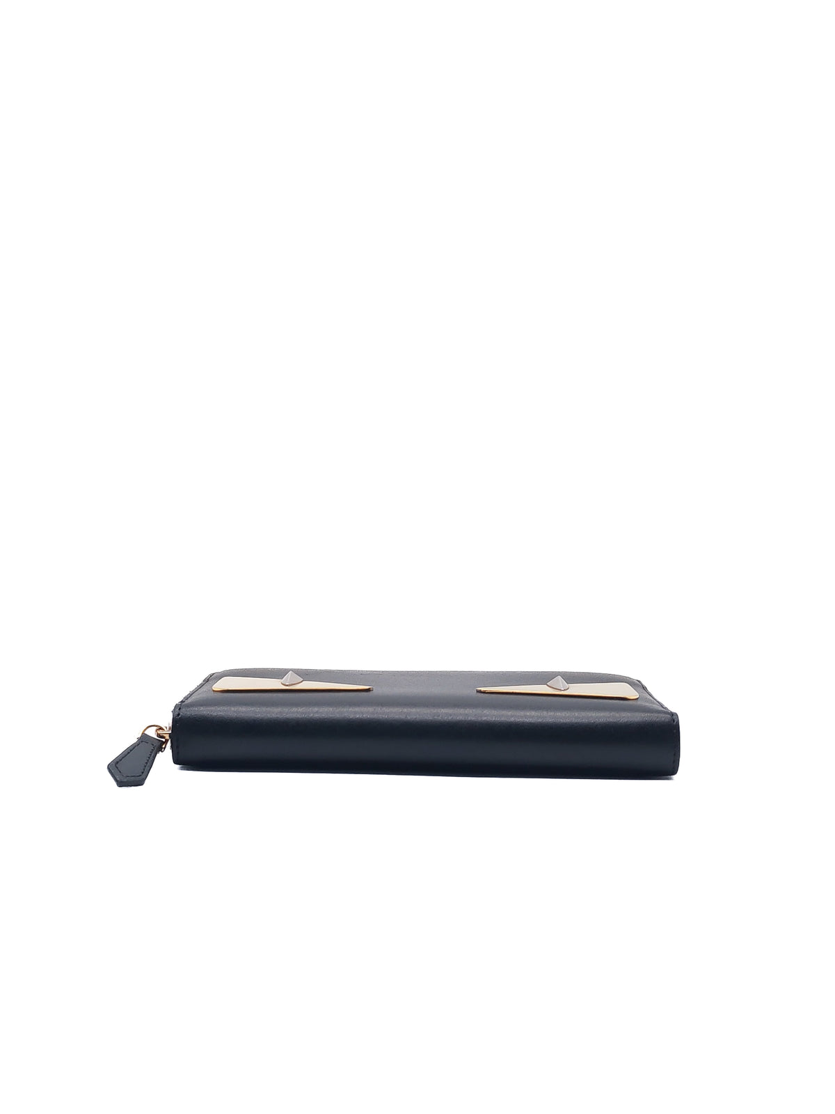 Fendi Bag Bugs Monster Eyes Zip-Around Wallet in Black Calfskin Leather and Gold Hardware