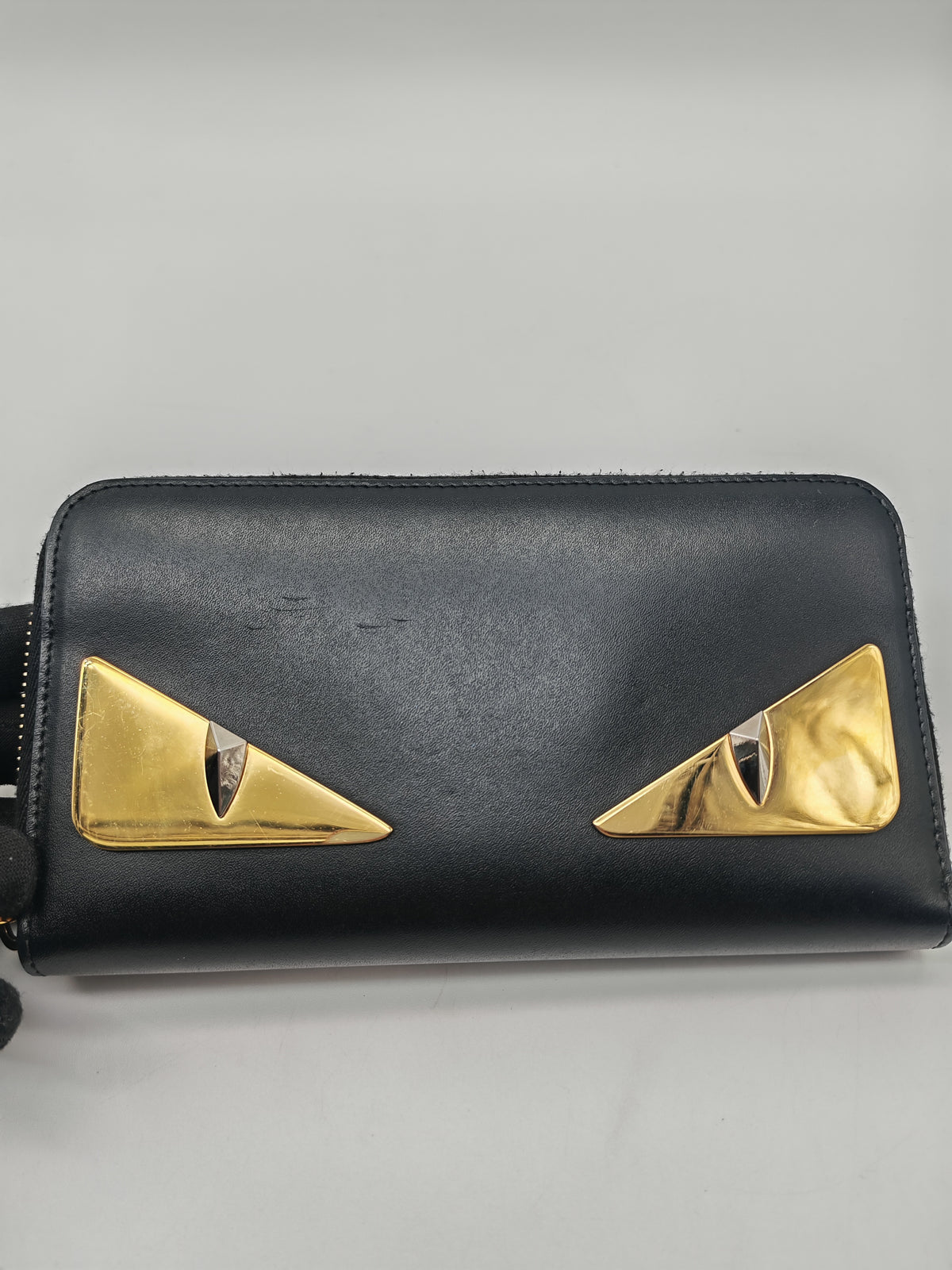 Fendi Bag Bugs Monster Eyes Zip-Around Wallet in Black Calfskin Leather and Gold Hardware