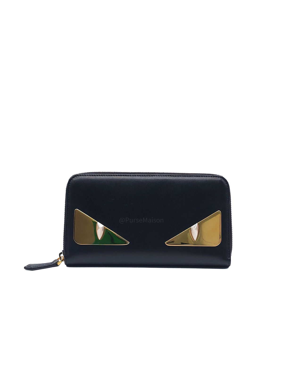 Fendi Bag Bugs Monster Eyes Zip-Around Wallet in Black Calfskin Leather and Gold Hardware
