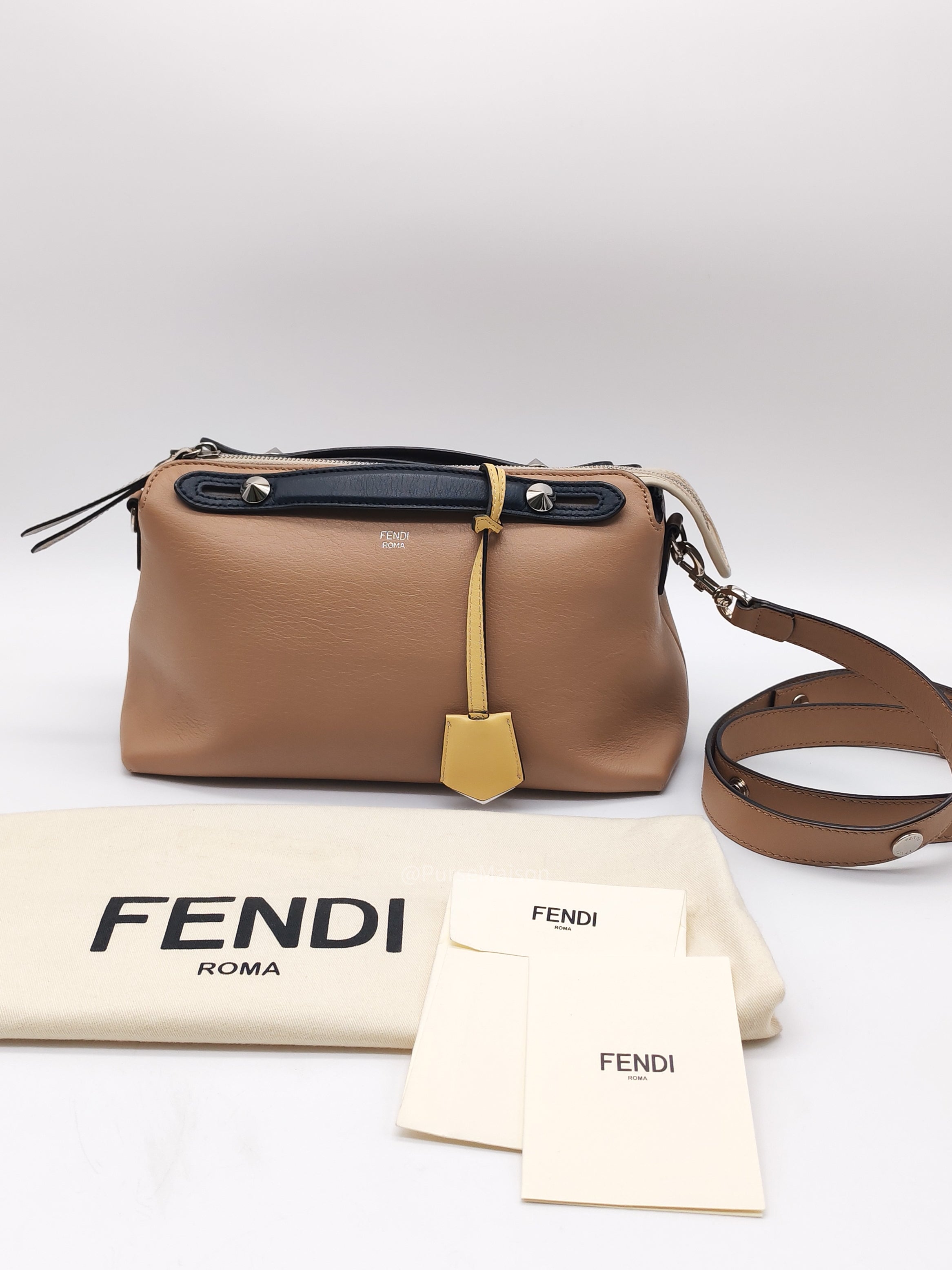 Fendi By The Way Boston Medium in Tan Calfskin Leather and Silver Hardware