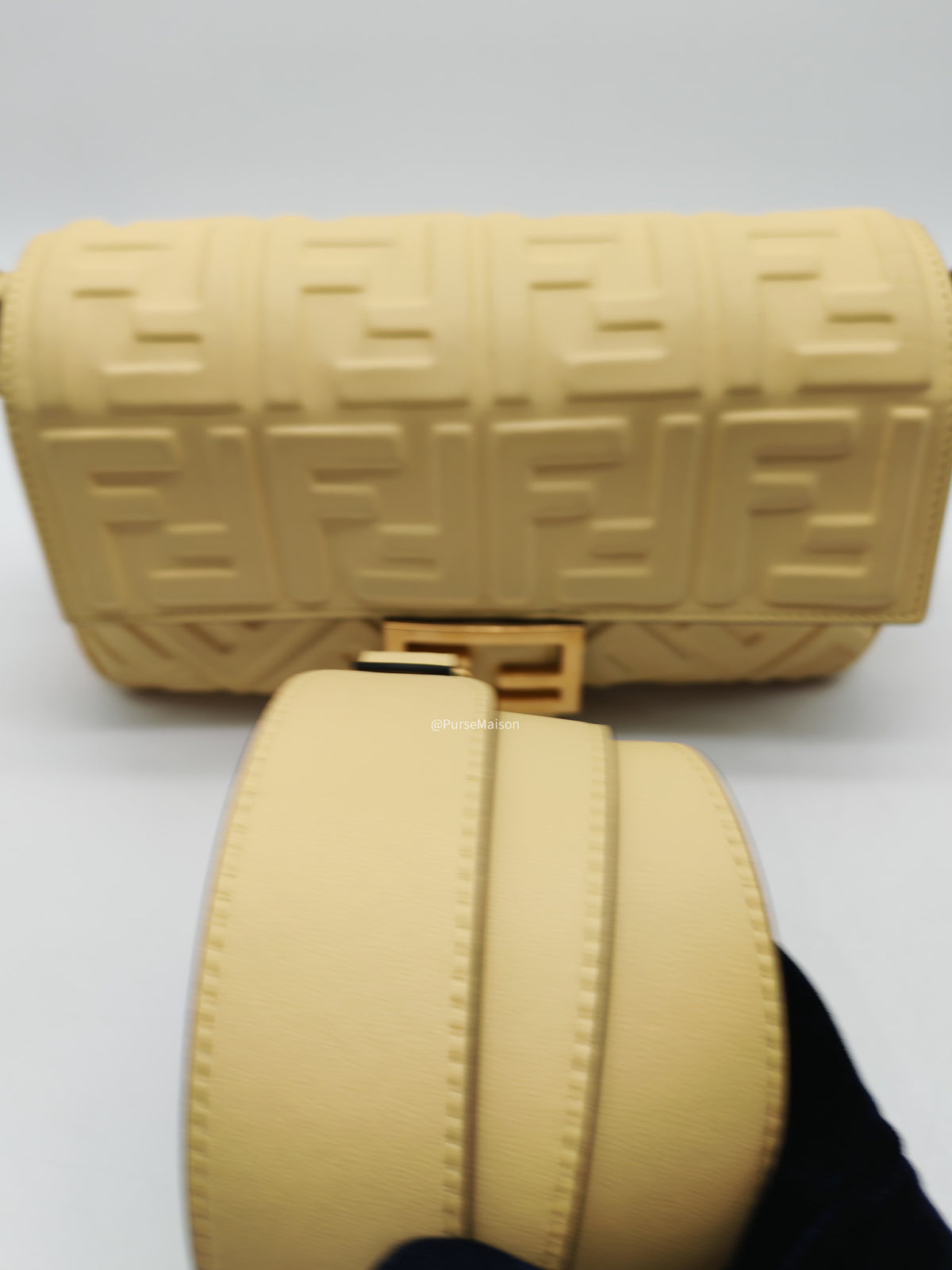 Fendi Medium Baguette FF Nappa Leather Gold Hardware Light Yellow