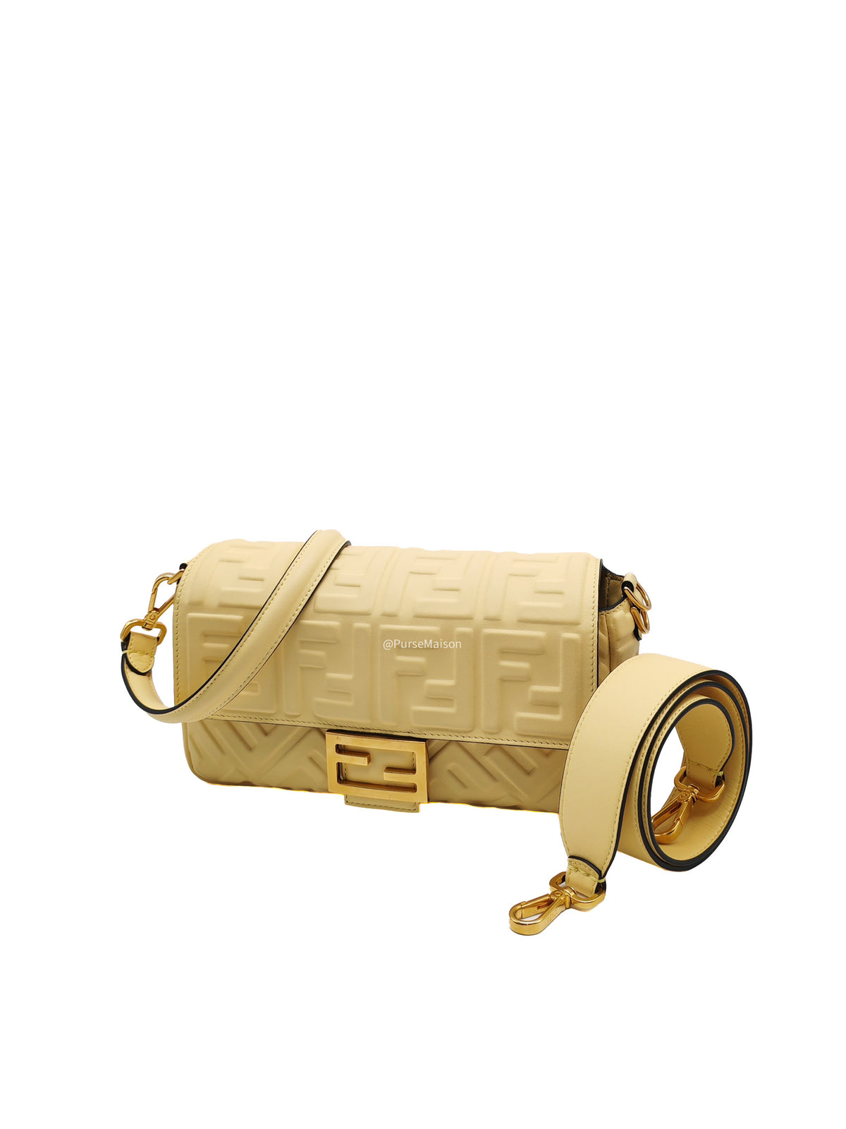 Fendi Medium Baguette FF Nappa Leather Gold Hardware Light Yellow