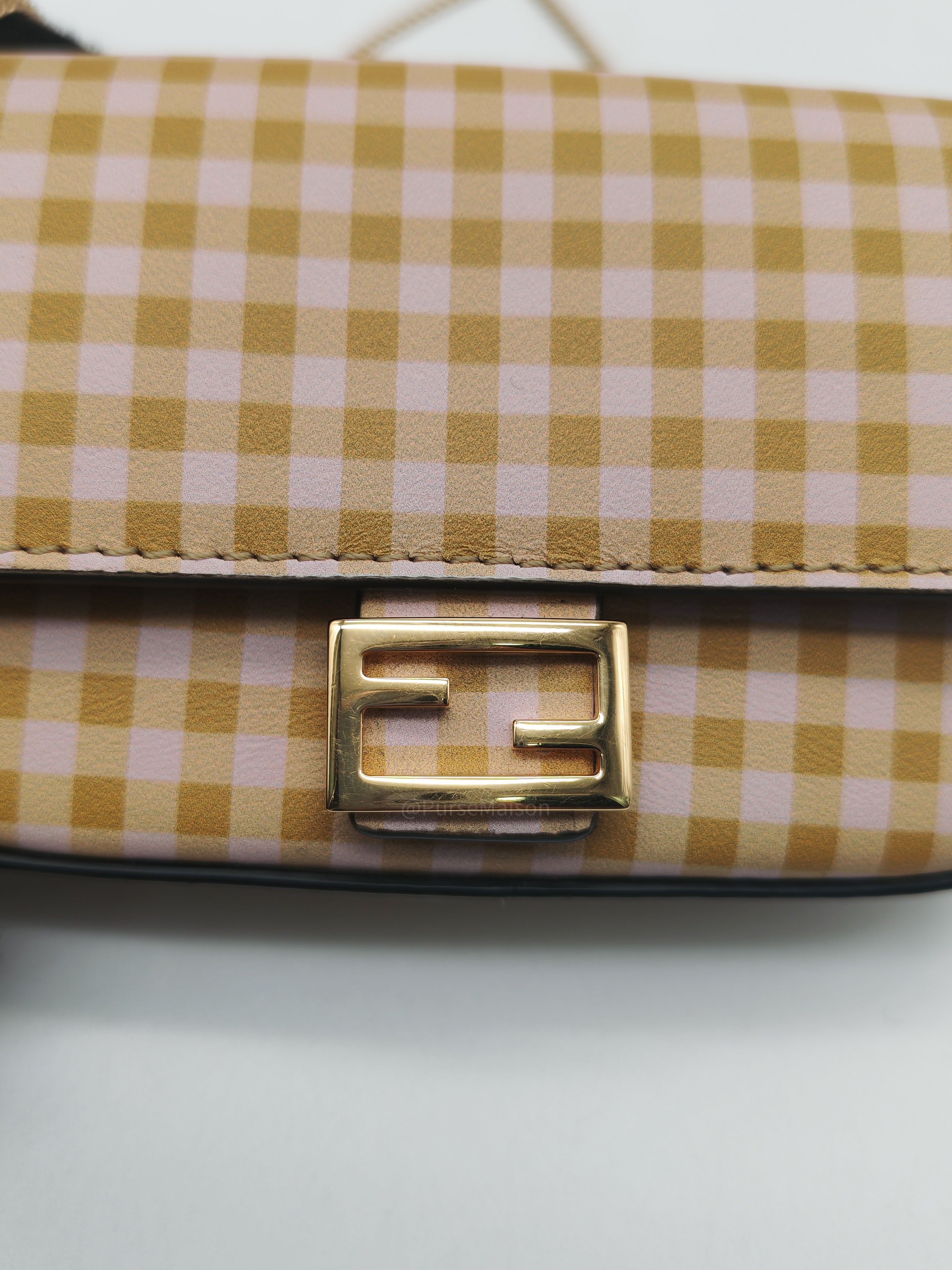 Fendi Vitello Century Nano Gingham Baguette Charm Rosewood Mustard