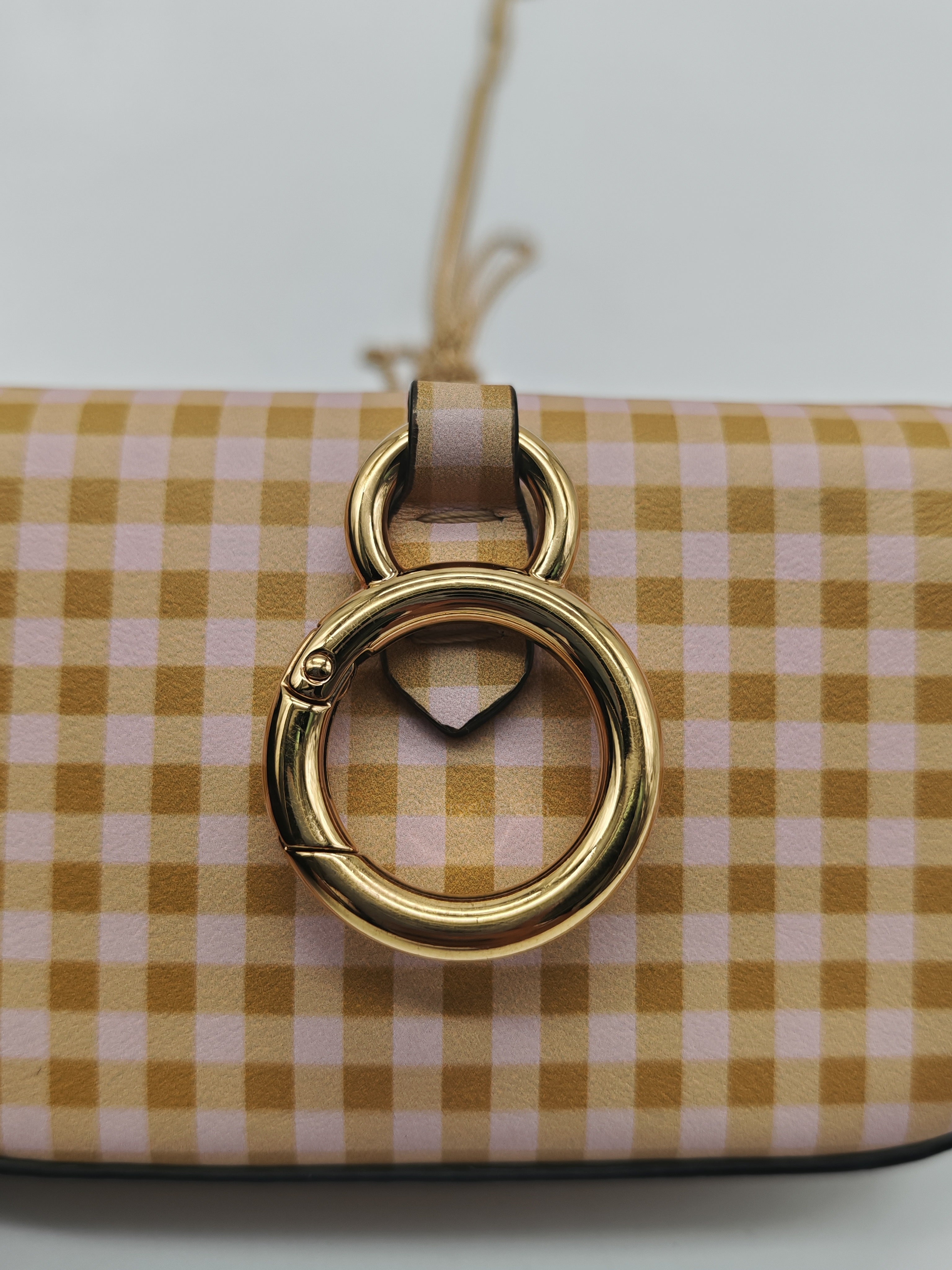 Fendi Vitello Century Nano Gingham Baguette Charm Rosewood Mustard