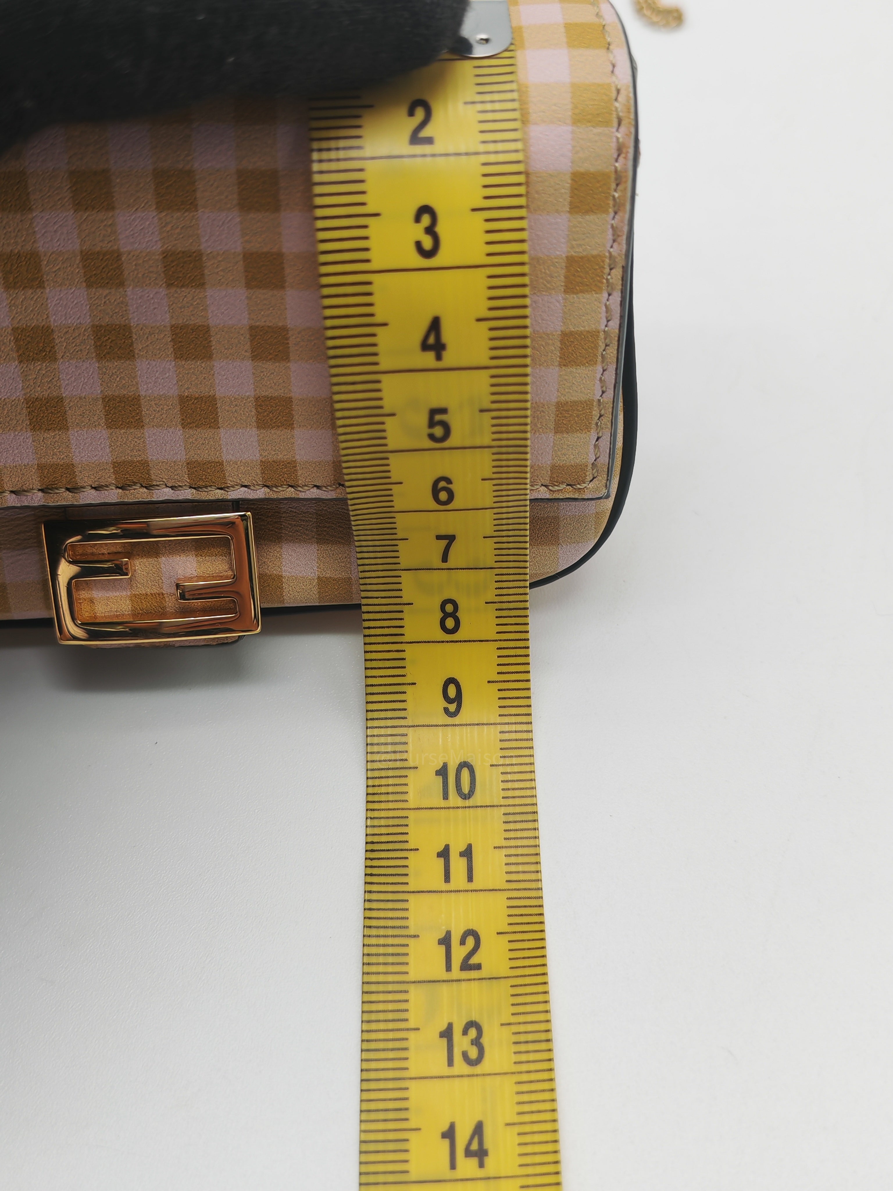 Fendi Vitello Century Nano Gingham Baguette Charm Rosewood Mustard