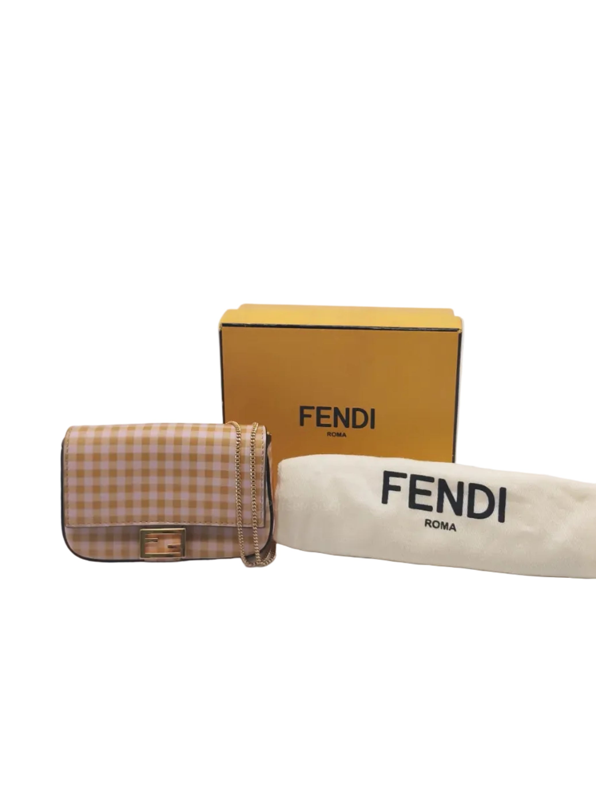 Fendi Vitello Century Nano Gingham Baguette Charm Rosewood Mustard
