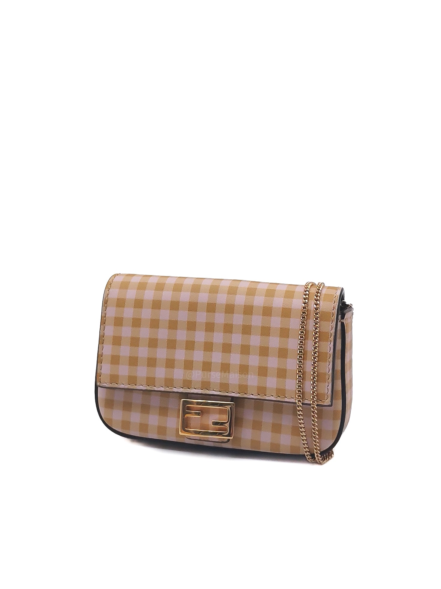 Fendi Vitello Century Nano Gingham Baguette Charm Rosewood Mustard