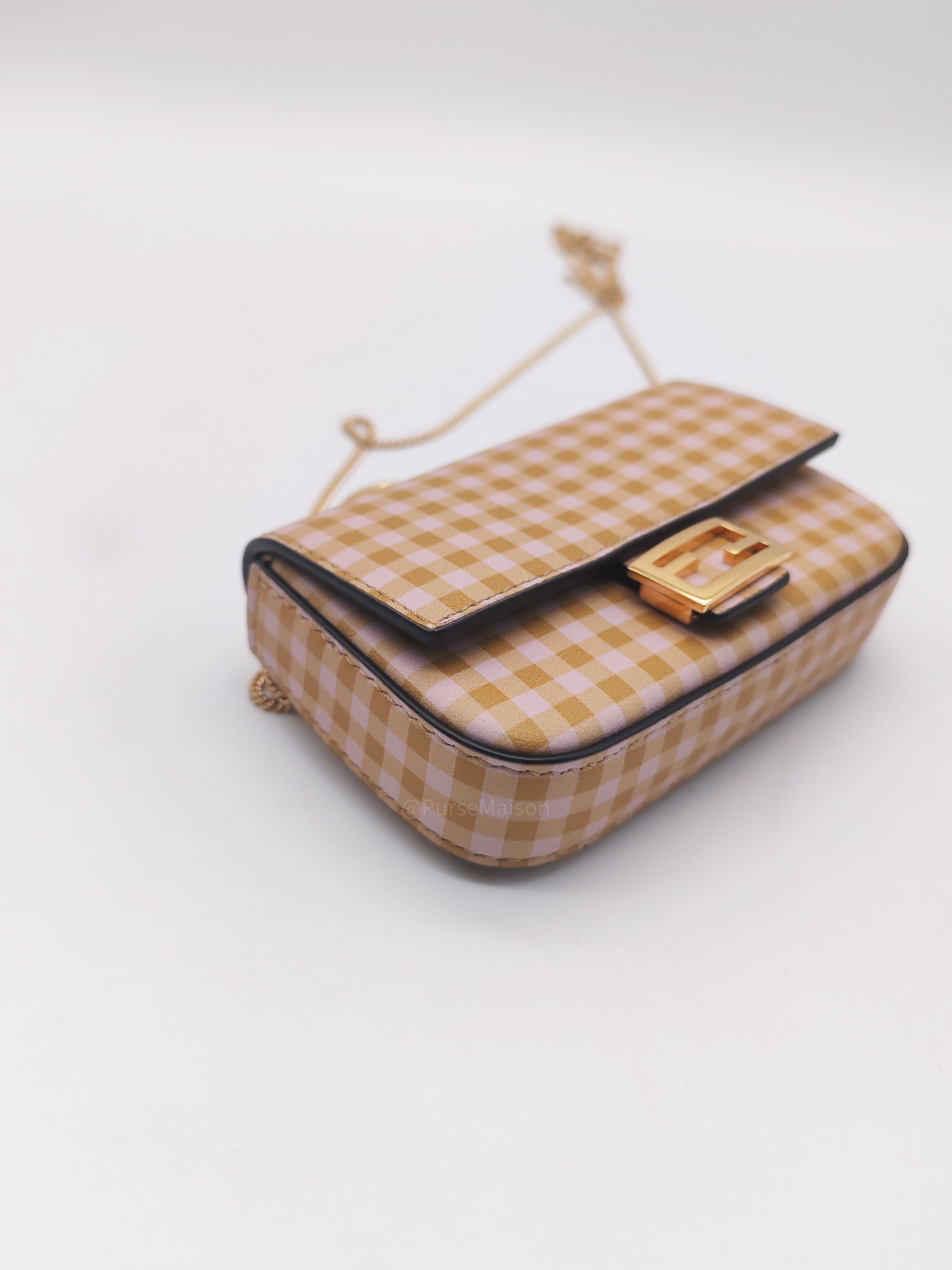 Fendi Vitello Century Nano Gingham Baguette Charm Rosewood Mustard