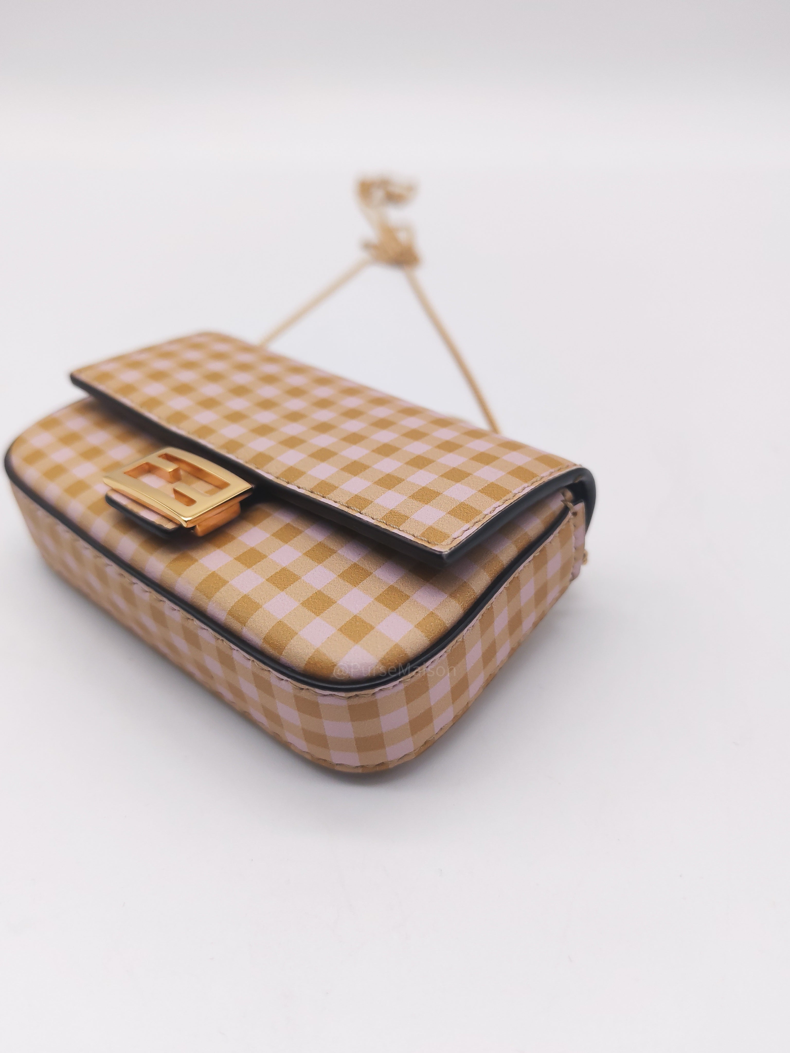 Fendi Vitello Century Nano Gingham Baguette Charm Rosewood Mustard