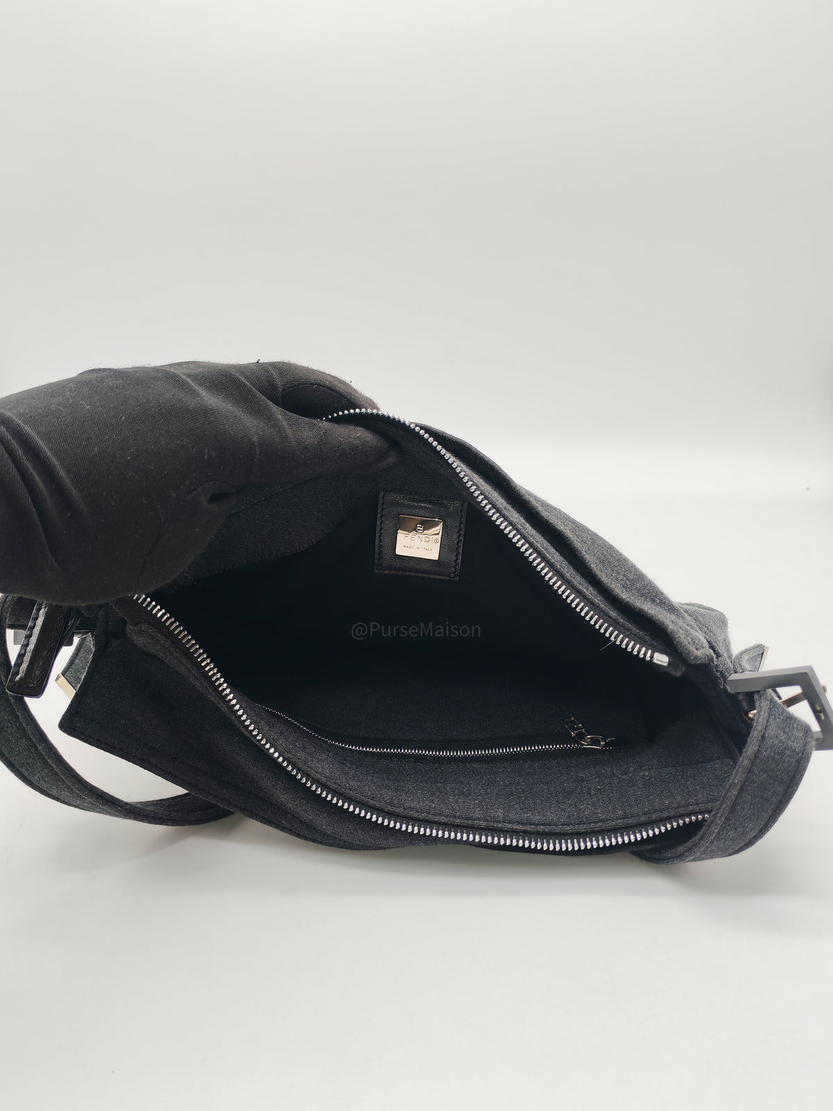 Fendi Zucca FF Baguette Shoulder Bag in Black Fabric and Black/Silver Hardware