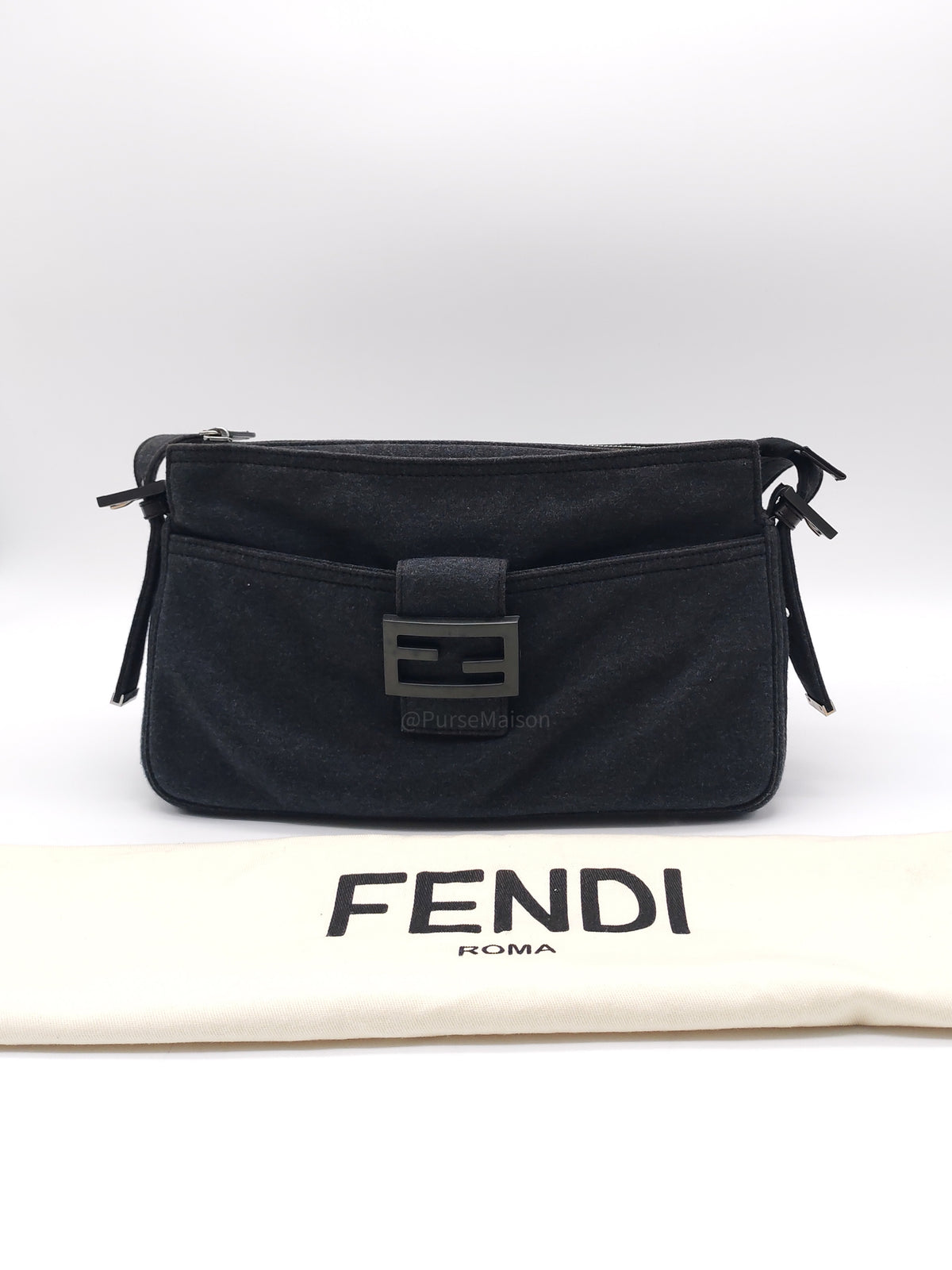 Fendi Zucca FF Baguette Shoulder Bag in Black Fabric and Black/Silver Hardware