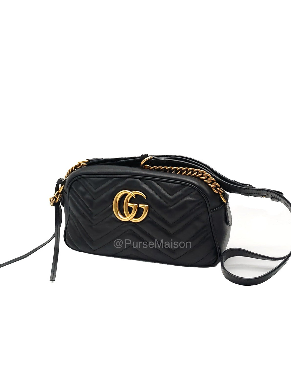 Gucci GG Small Camera Bag in Black Cheveron Quilted Matelasse Leather and Gold Hardware