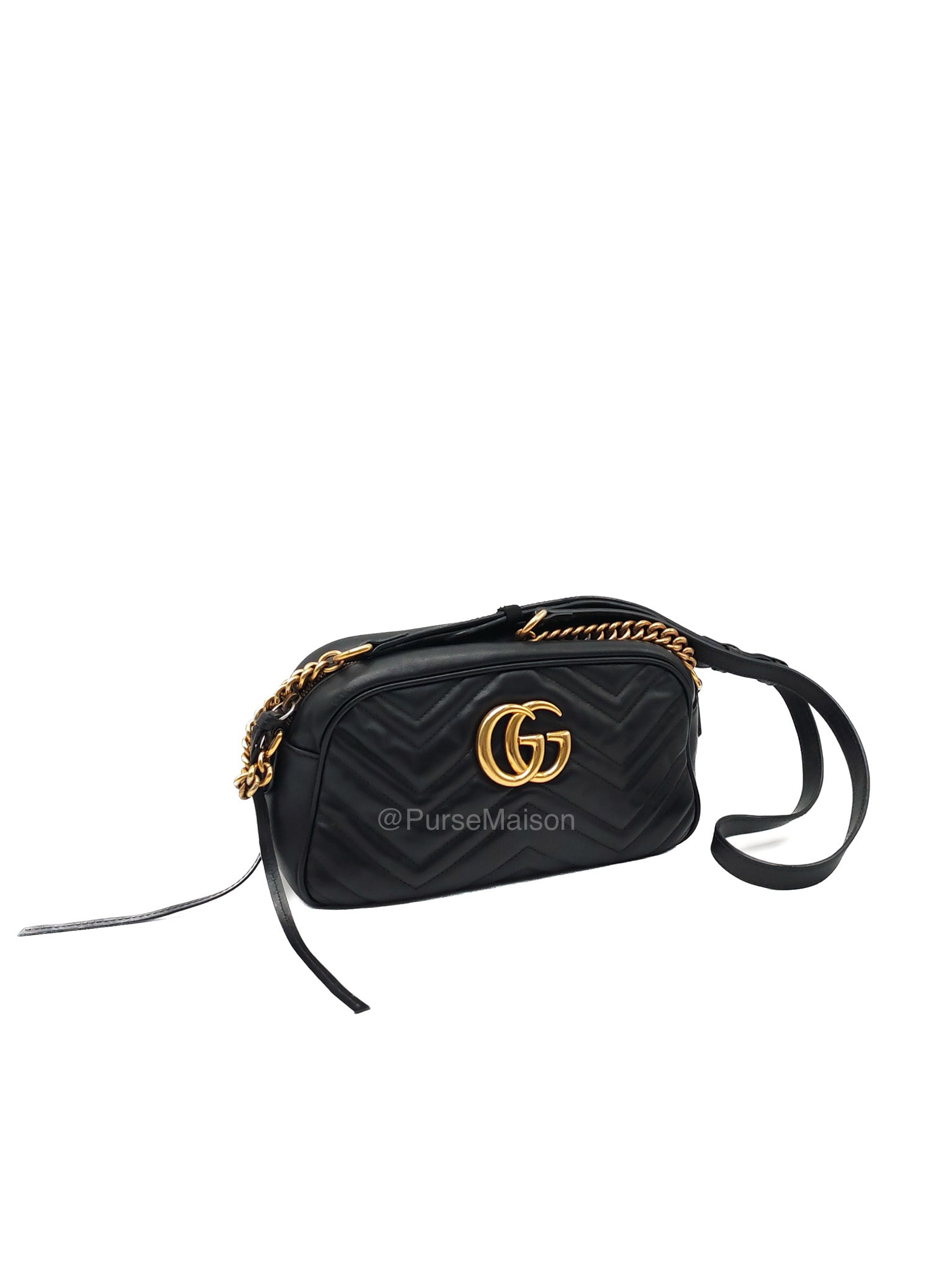 Gucci GG Small Camera Bag in Black Cheveron Quilted Matelasse Leather and Gold Hardware