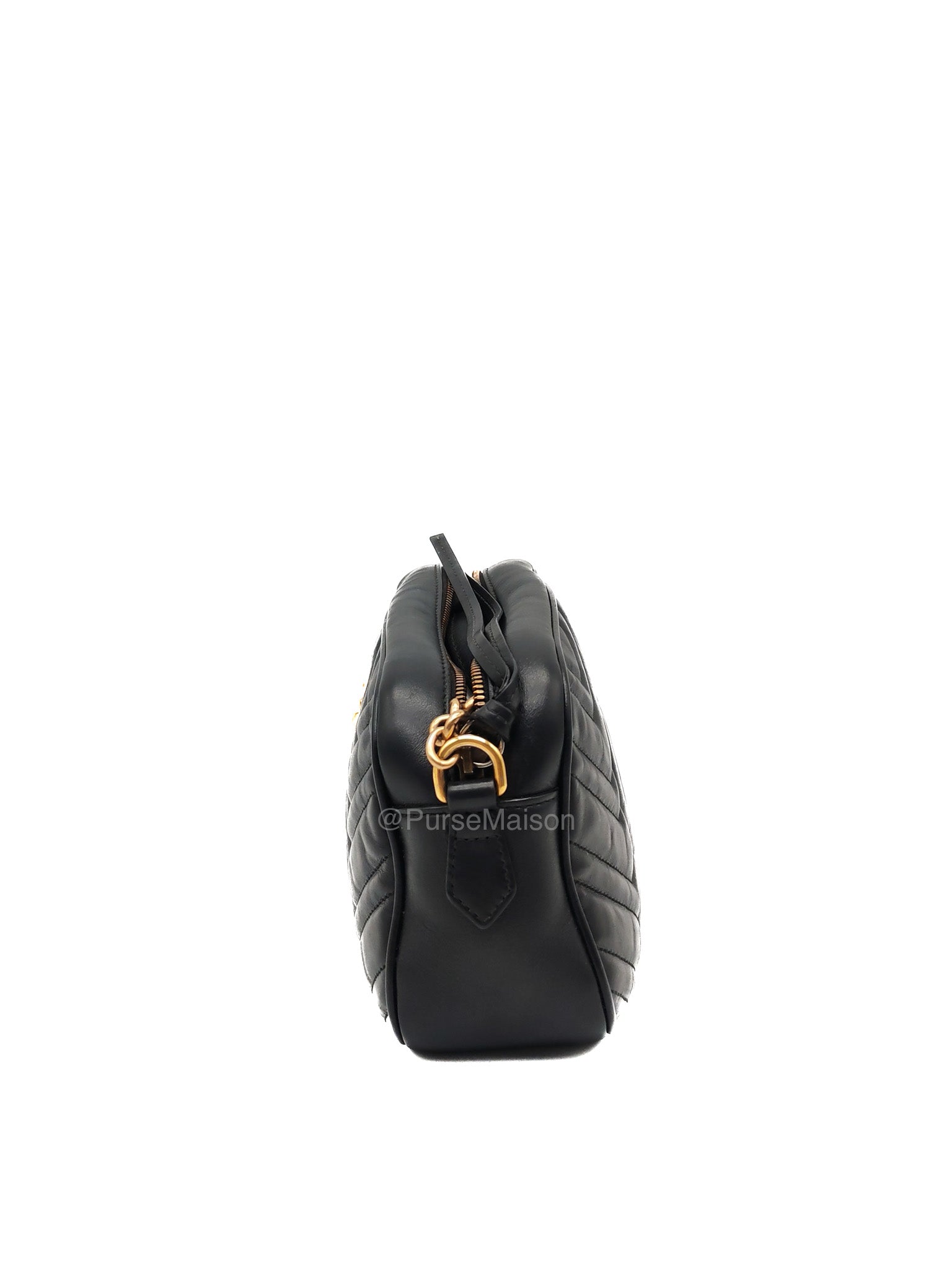 Gucci GG Small Camera Bag in Black Cheveron Quilted Matelasse Leather and Gold Hardware