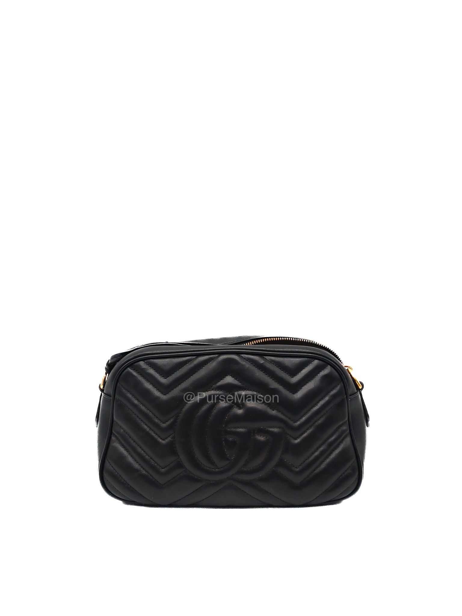 Gucci GG Small Camera Bag in Black Cheveron Quilted Matelasse Leather and Gold Hardware