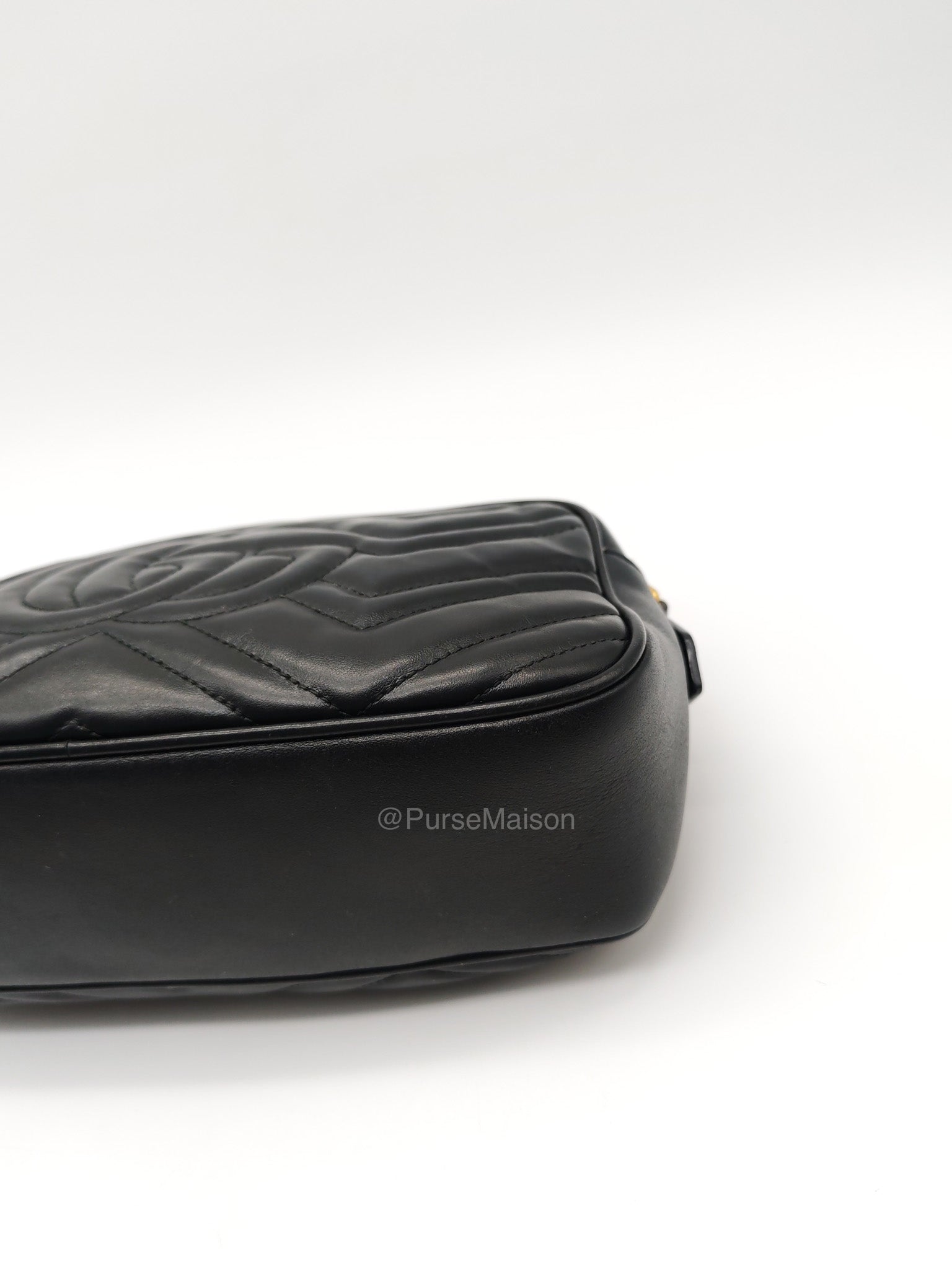 Gucci GG Small Camera Bag in Black Cheveron Quilted Matelasse Leather and Gold Hardware
