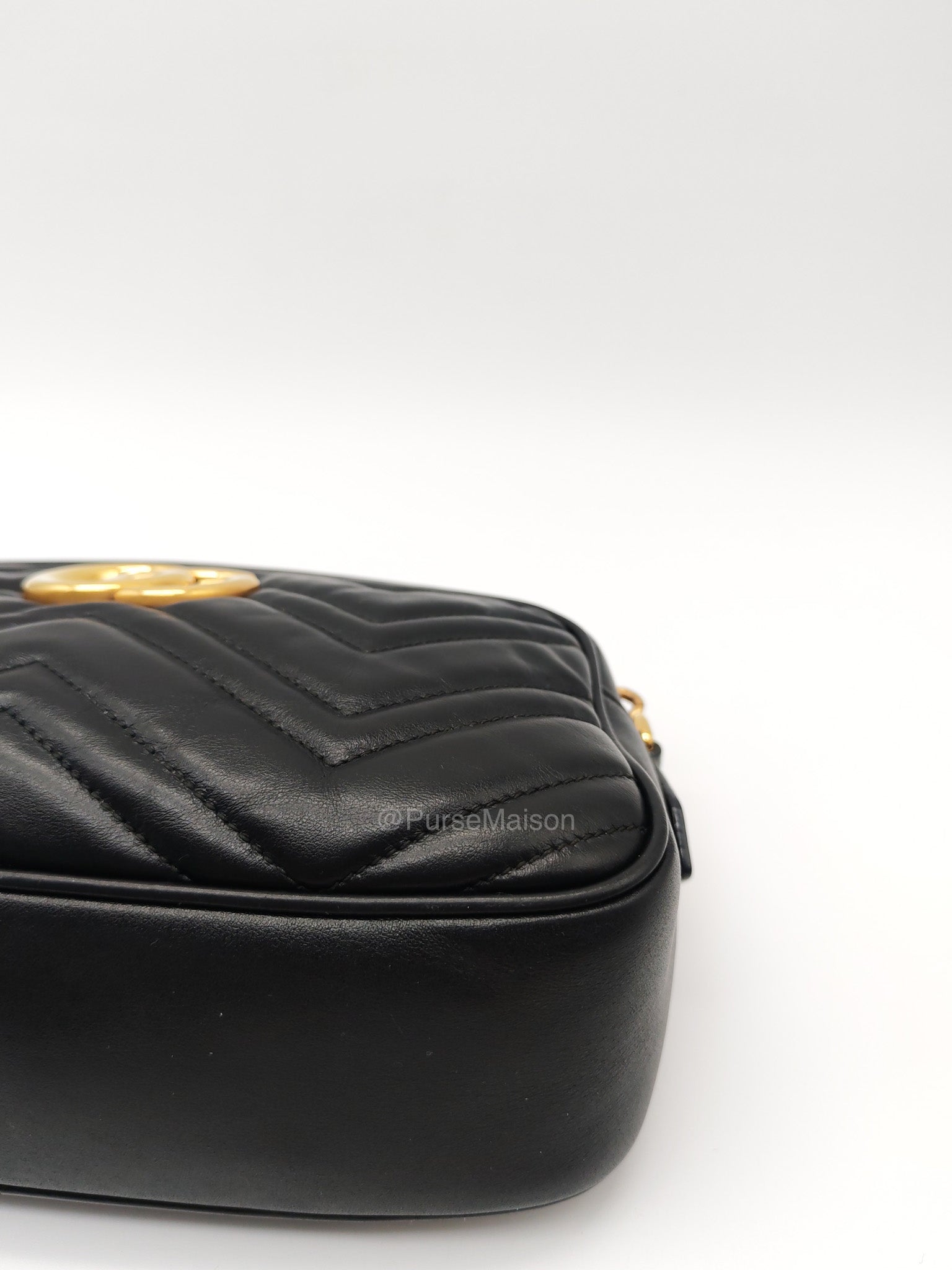 Gucci GG Small Camera Bag in Black Cheveron Quilted Matelasse Leather and Gold Hardware