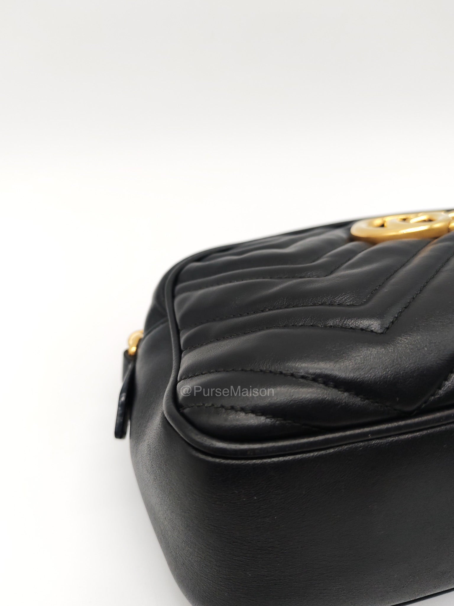 Gucci GG Small Camera Bag in Black Cheveron Quilted Matelasse Leather and Gold Hardware