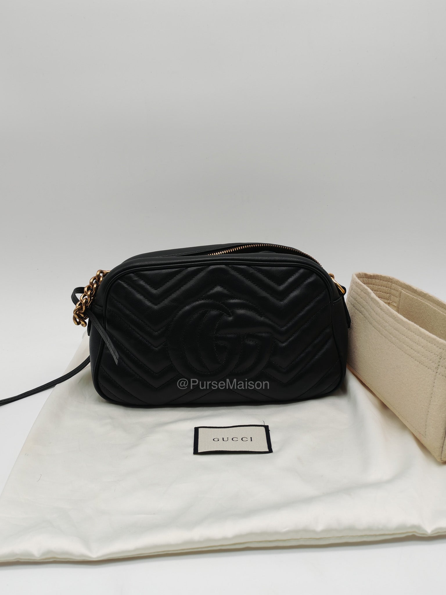 Gucci GG Small Camera Bag in Black Cheveron Quilted Matelasse Leather and Gold Hardware