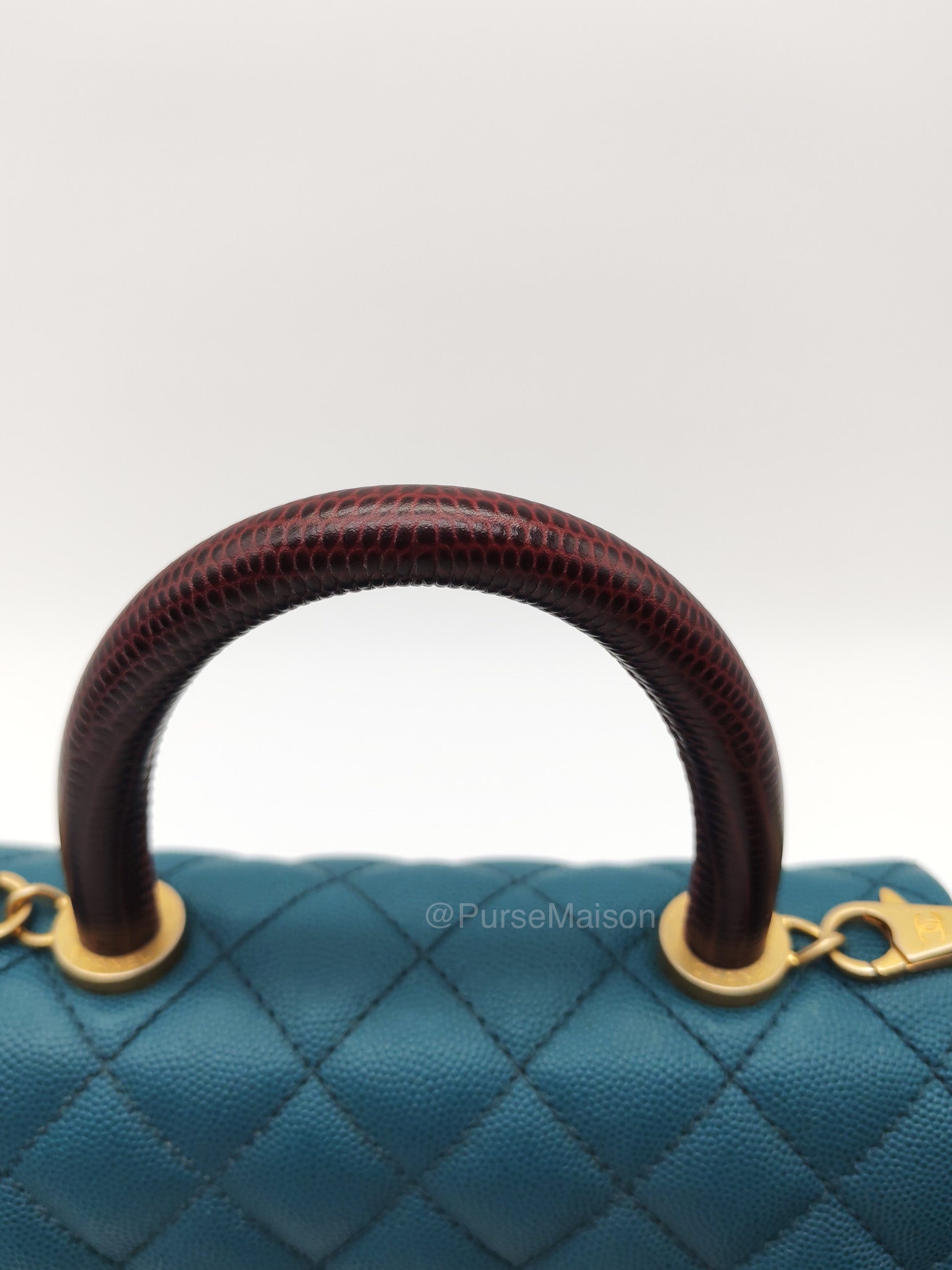 Chanel Coco Lizard Handle Small in Dark Turquoise Quilted Caviar Leather and Aged Gold Hardware Series 28