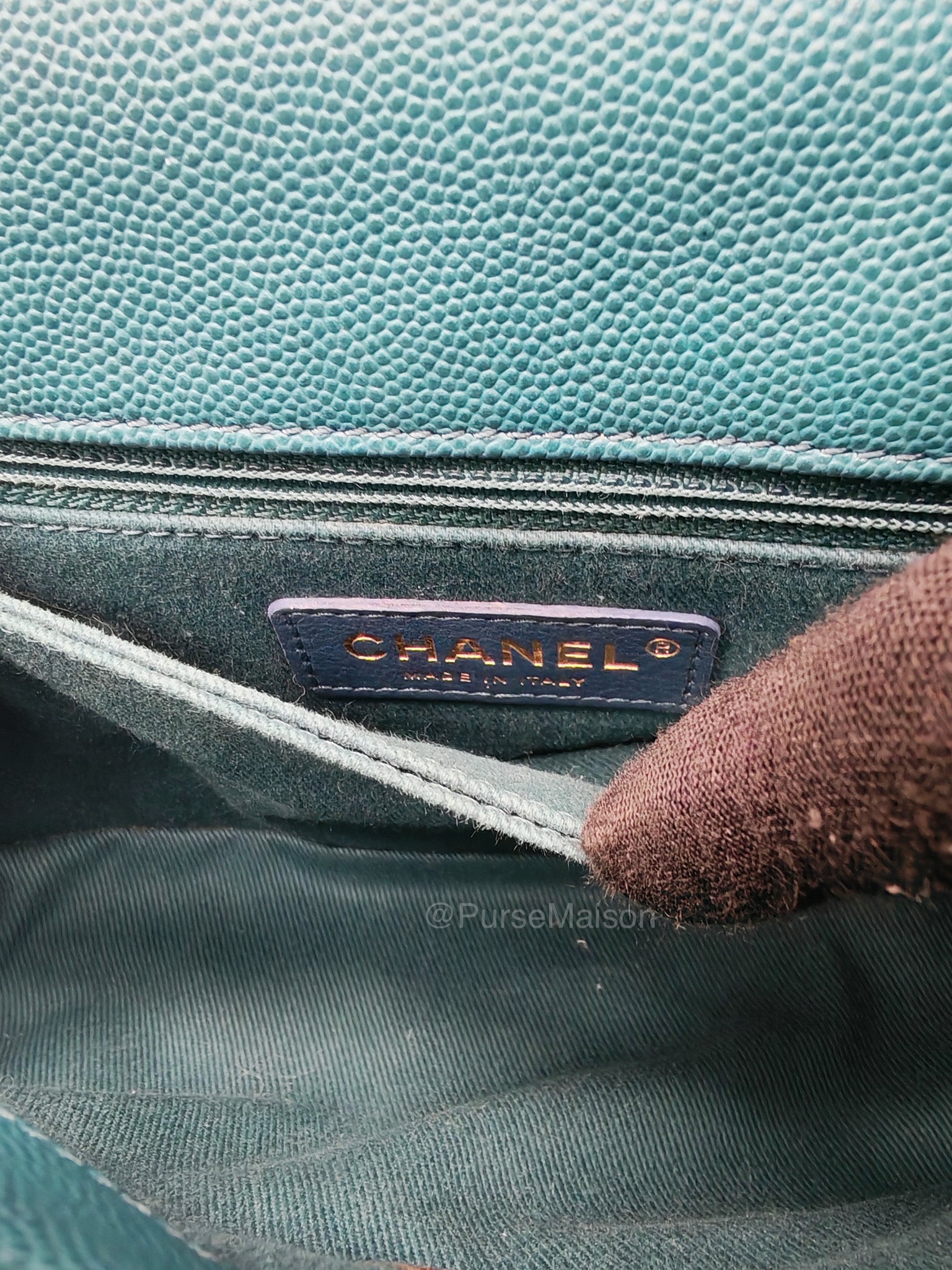Chanel Coco Lizard Handle Small in Dark Turquoise Quilted Caviar Leather and Aged Gold Hardware Series 28