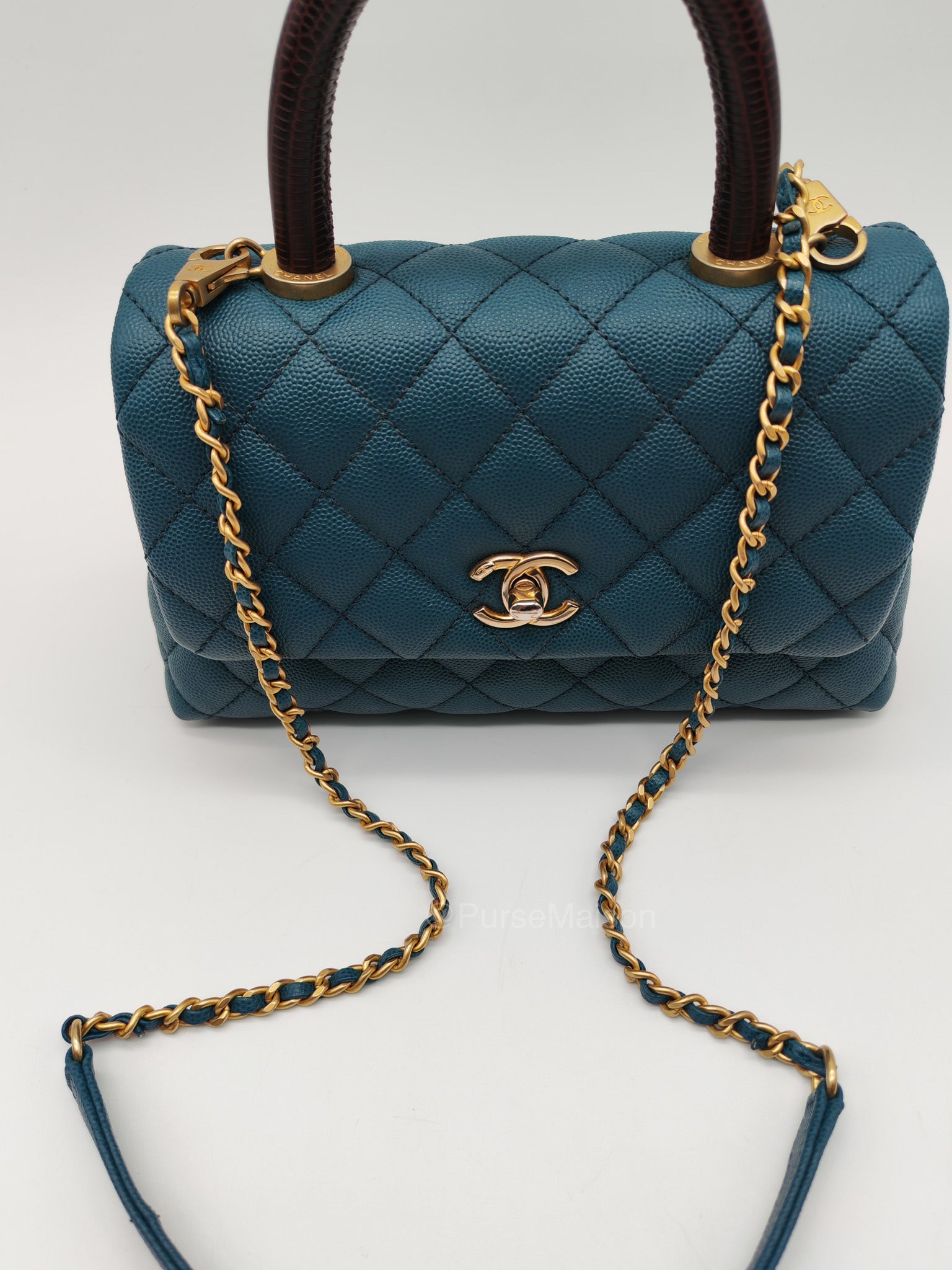 Chanel Coco Lizard Handle Small in Dark Turquoise Quilted Caviar Leather and Aged Gold Hardware Series 28