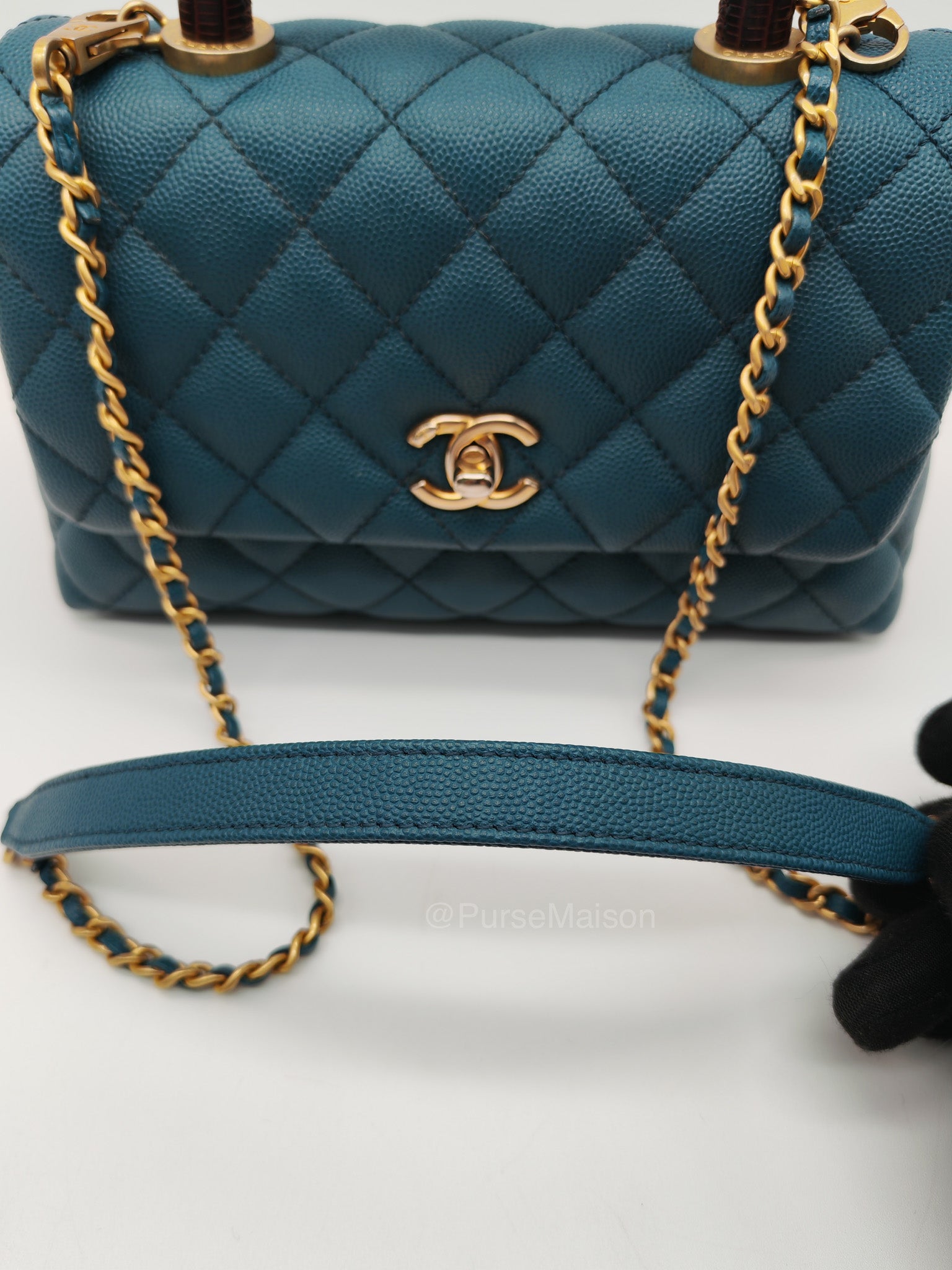 Chanel Coco Lizard Handle Small in Dark Turquoise Quilted Caviar Leather and Aged Gold Hardware Series 28