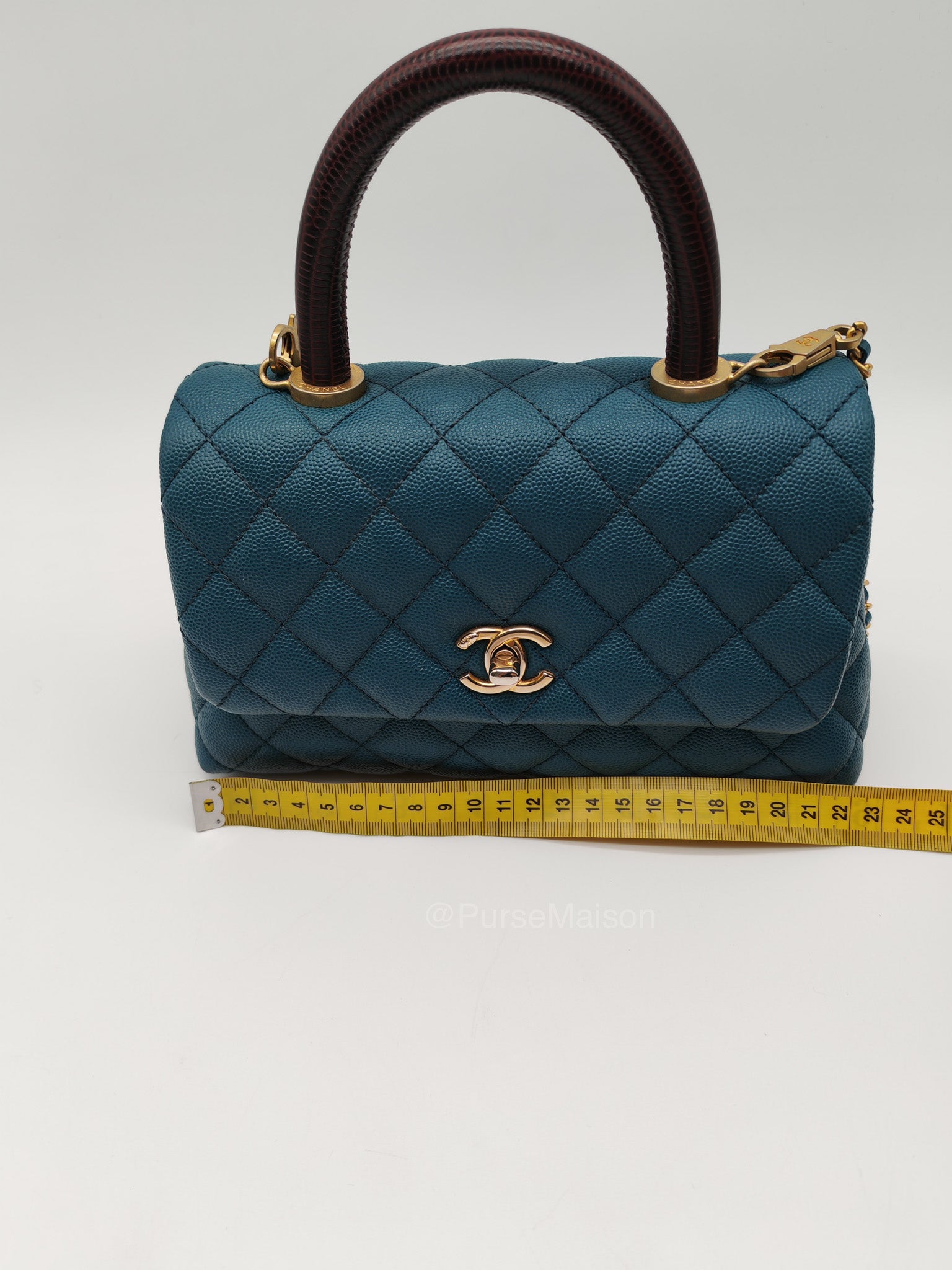 Chanel Coco Lizard Handle Small in Dark Turquoise Quilted Caviar Leather and Aged Gold Hardware Series 28