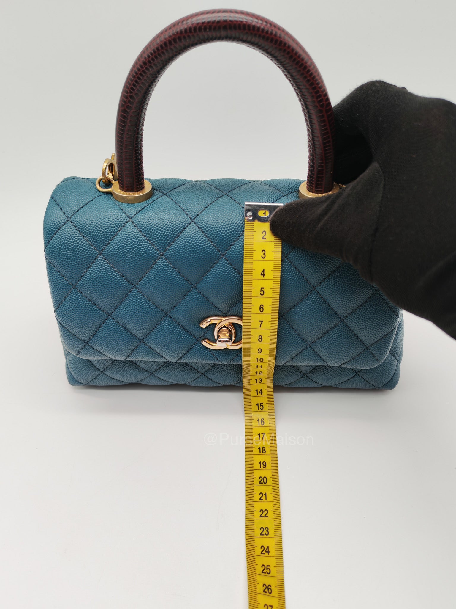 Chanel Coco Lizard Handle Small in Dark Turquoise Quilted Caviar Leather and Aged Gold Hardware Series 28