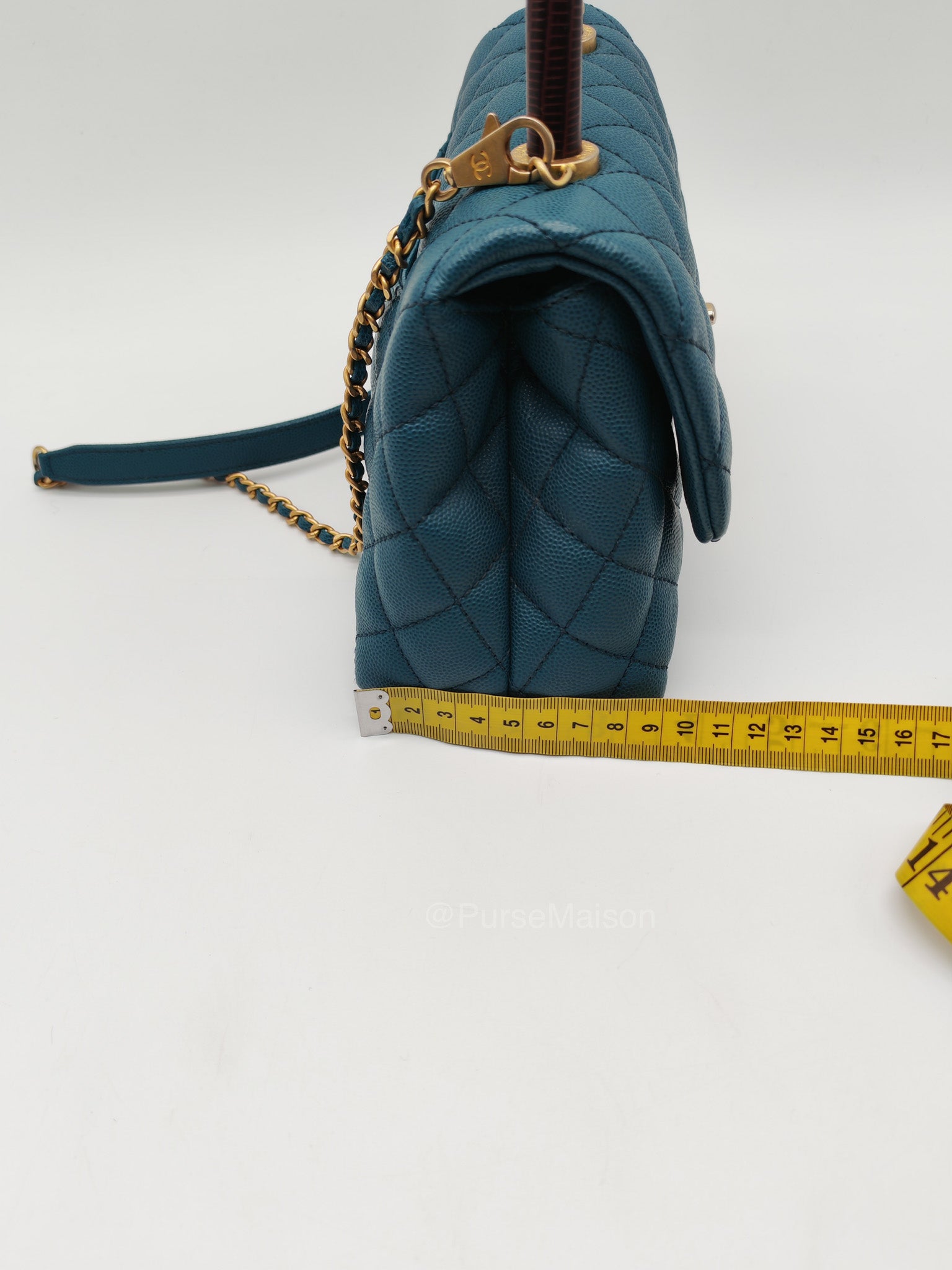 Chanel Coco Lizard Handle Small in Dark Turquoise Quilted Caviar Leather and Aged Gold Hardware Series 28