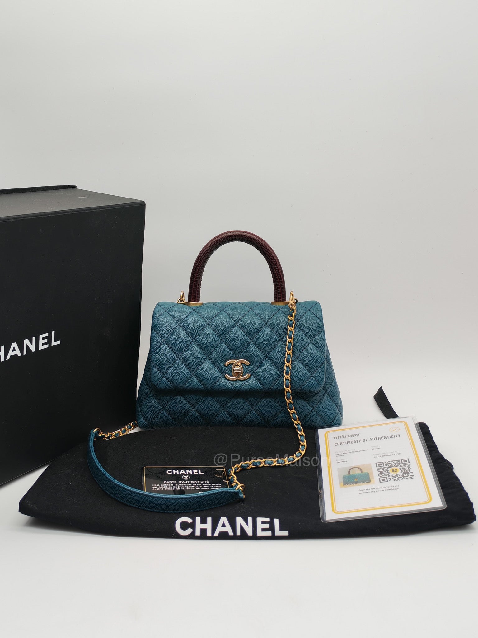 Chanel Coco Lizard Handle Small in Dark Turquoise Quilted Caviar Leather and Aged Gold Hardware Series 28