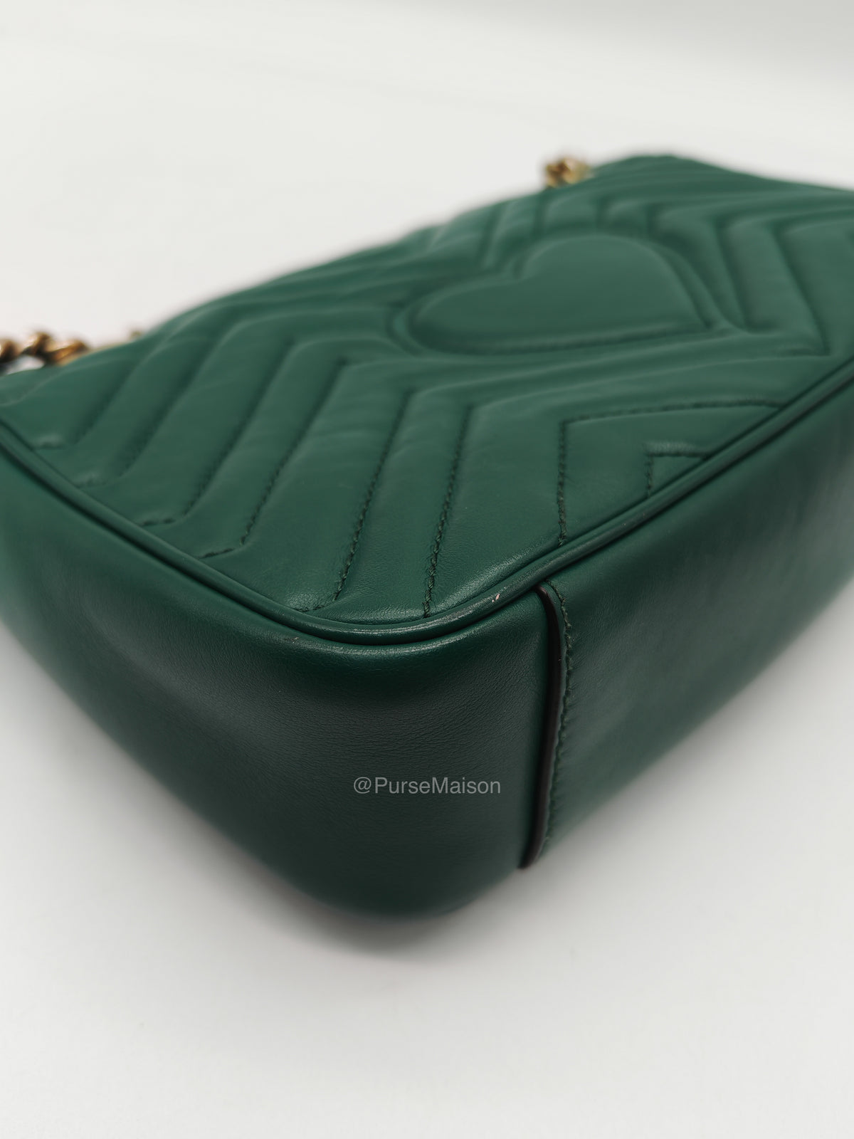 Gucci GG Marmont Shoulder Bag Small in Green Chevron Matelasse Calfskin Leather and Gold Hardware
