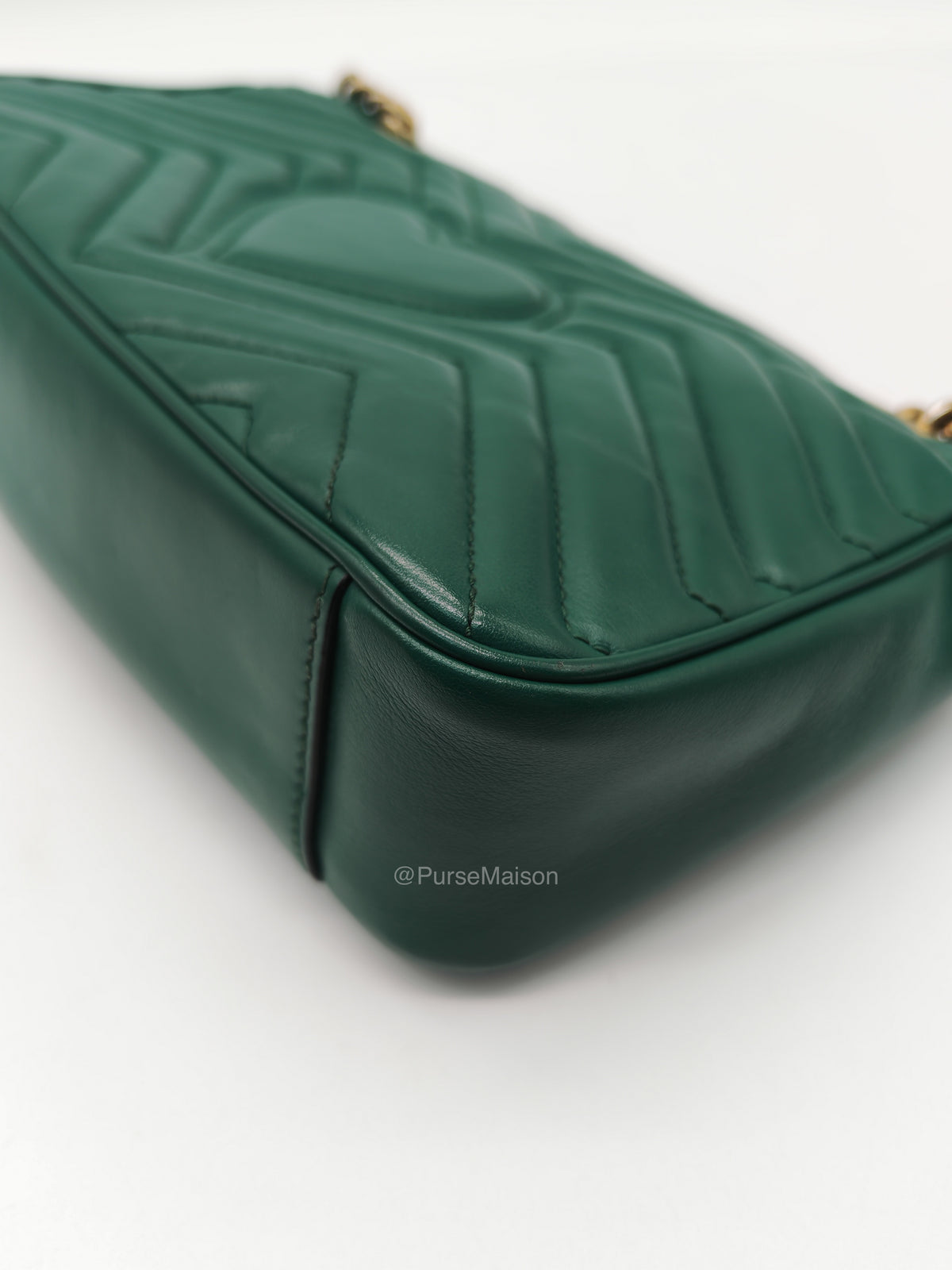 Gucci GG Marmont Shoulder Bag Small in Green Chevron Matelasse Calfskin Leather and Gold Hardware