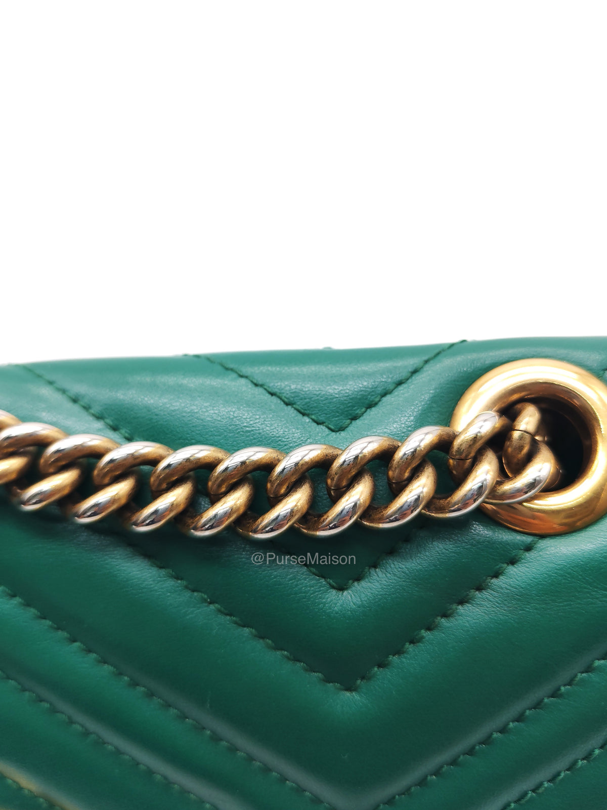 Gucci GG Marmont Shoulder Bag Small in Green Chevron Matelasse Calfskin Leather and Gold Hardware