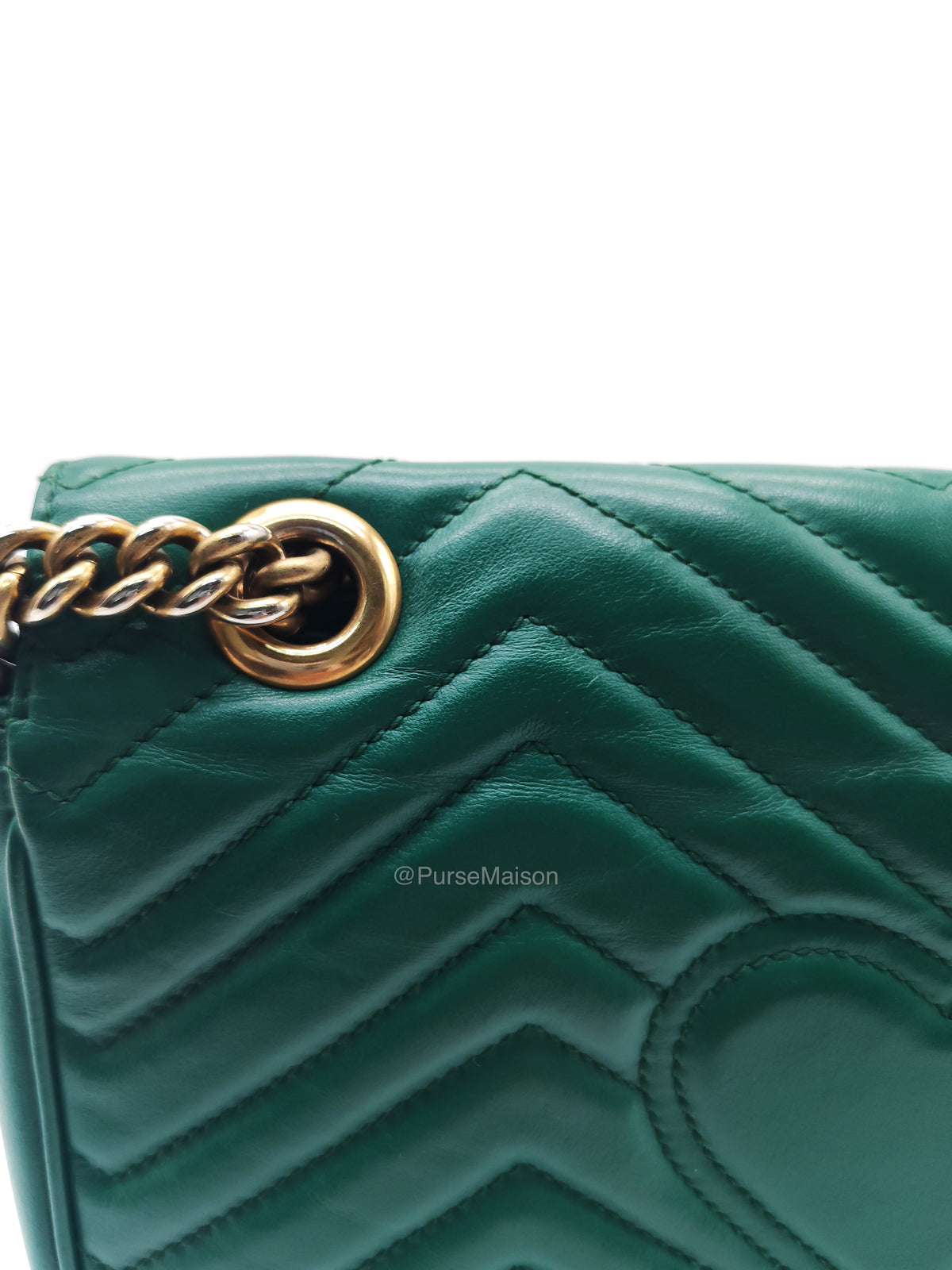 Gucci GG Marmont Shoulder Bag Small in Green Chevron Matelasse Calfskin Leather and Gold Hardware