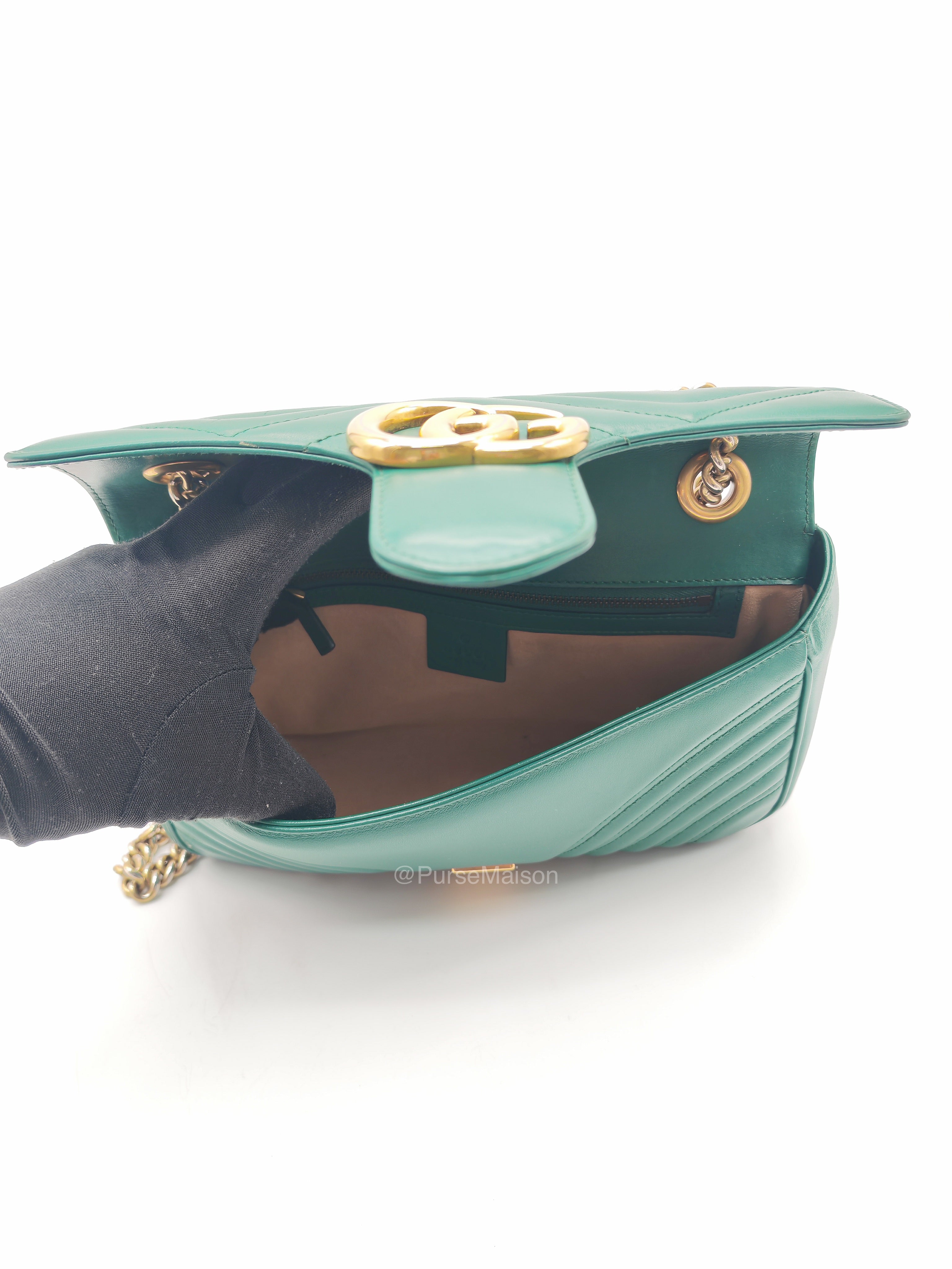 Gucci GG Marmont Shoulder Bag Small in Green Chevron Matelasse Calfskin Leather and Gold Hardware