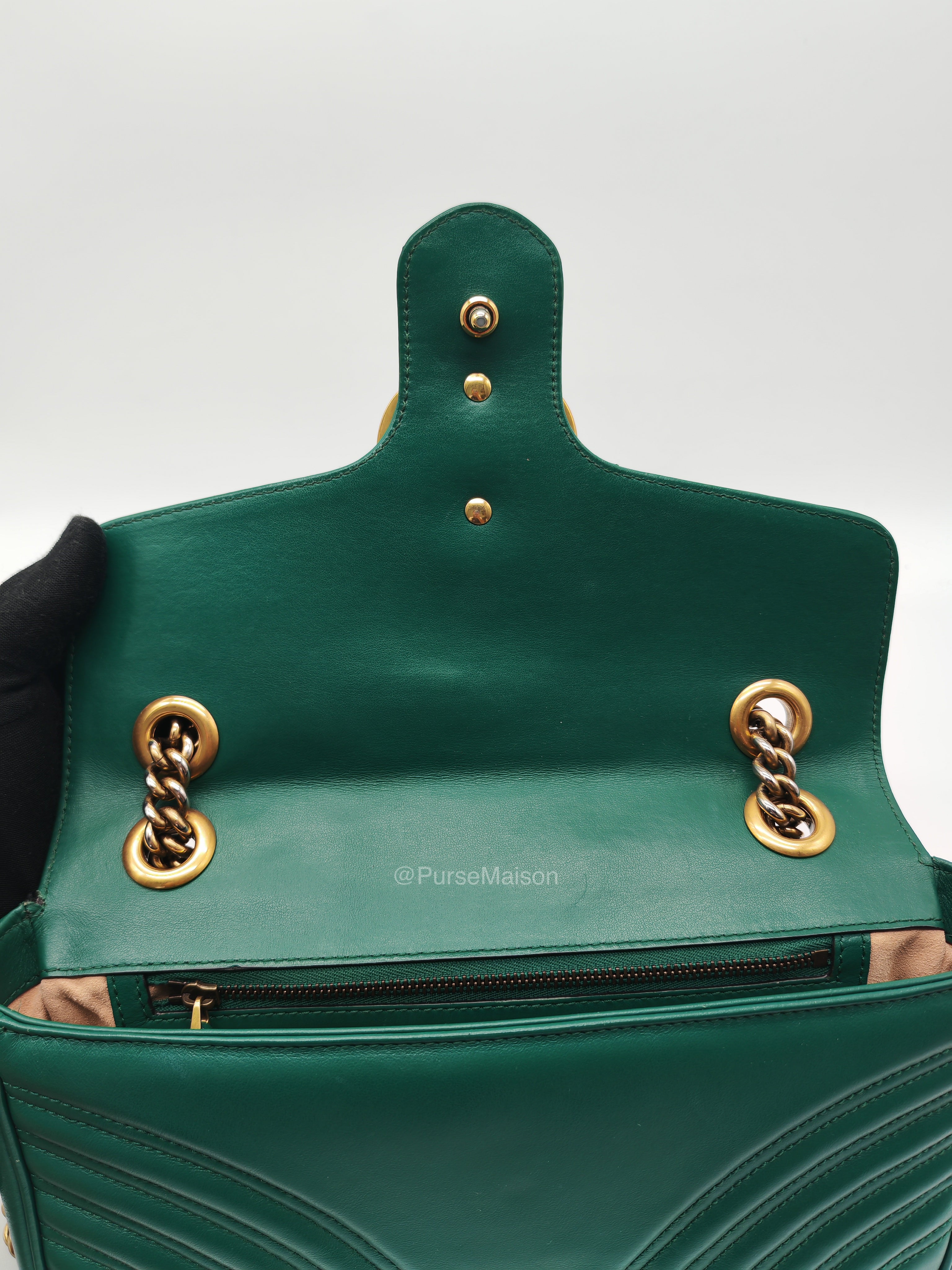 Gucci GG Marmont Shoulder Bag Small in Green Chevron Matelasse Calfskin Leather and Gold Hardware