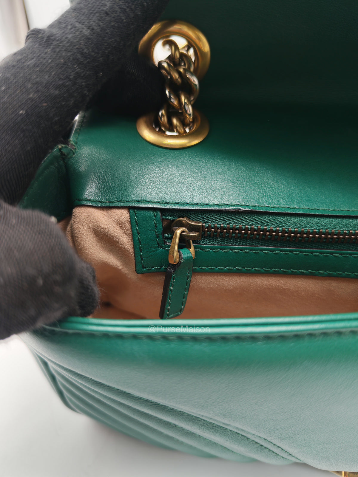 Gucci GG Marmont Shoulder Bag Small in Green Chevron Matelasse Calfskin Leather and Gold Hardware