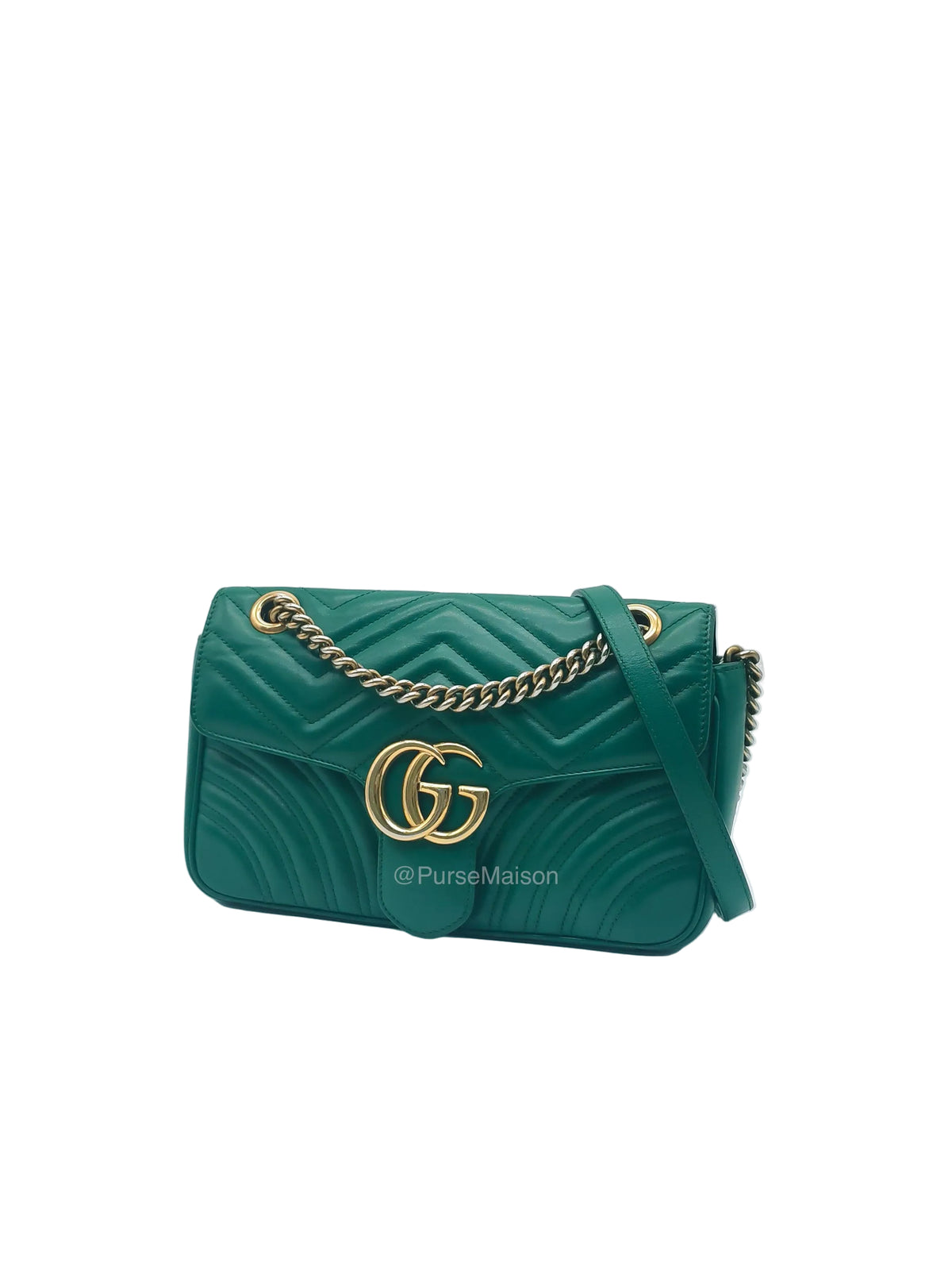 Gucci GG Marmont Shoulder Bag Small in Green Chevron Matelasse Calfskin Leather and Gold Hardware